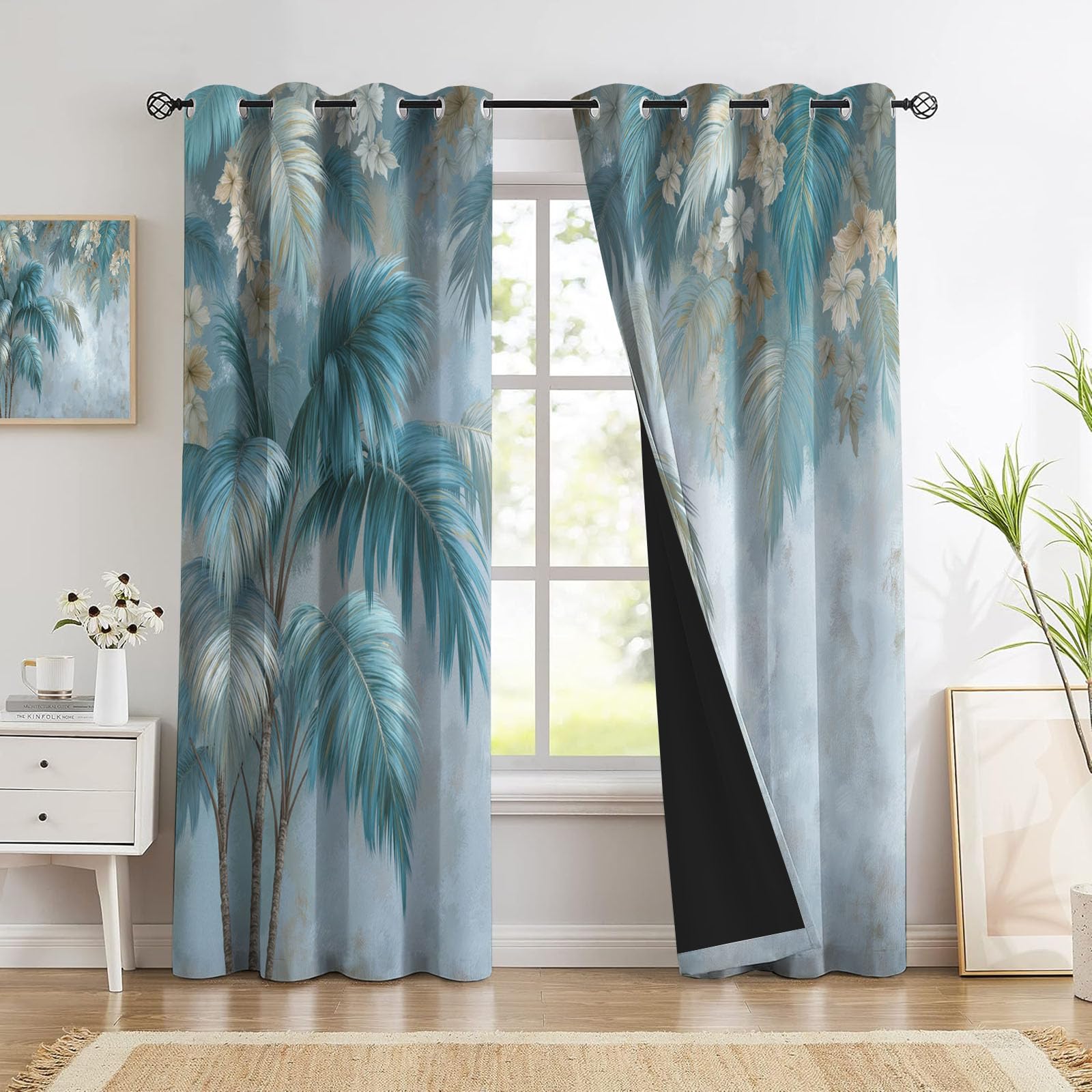 Hojas Tropicales Cortinas Opacas De Hojas Palma Pequeñas Flores Blancas Salon Dormitorio Decoración De La Ventana, 2 Piezas Cortinas Ollaos Azul Hielo, Aislantes Frio Y Calo 140An X 175Al Cm