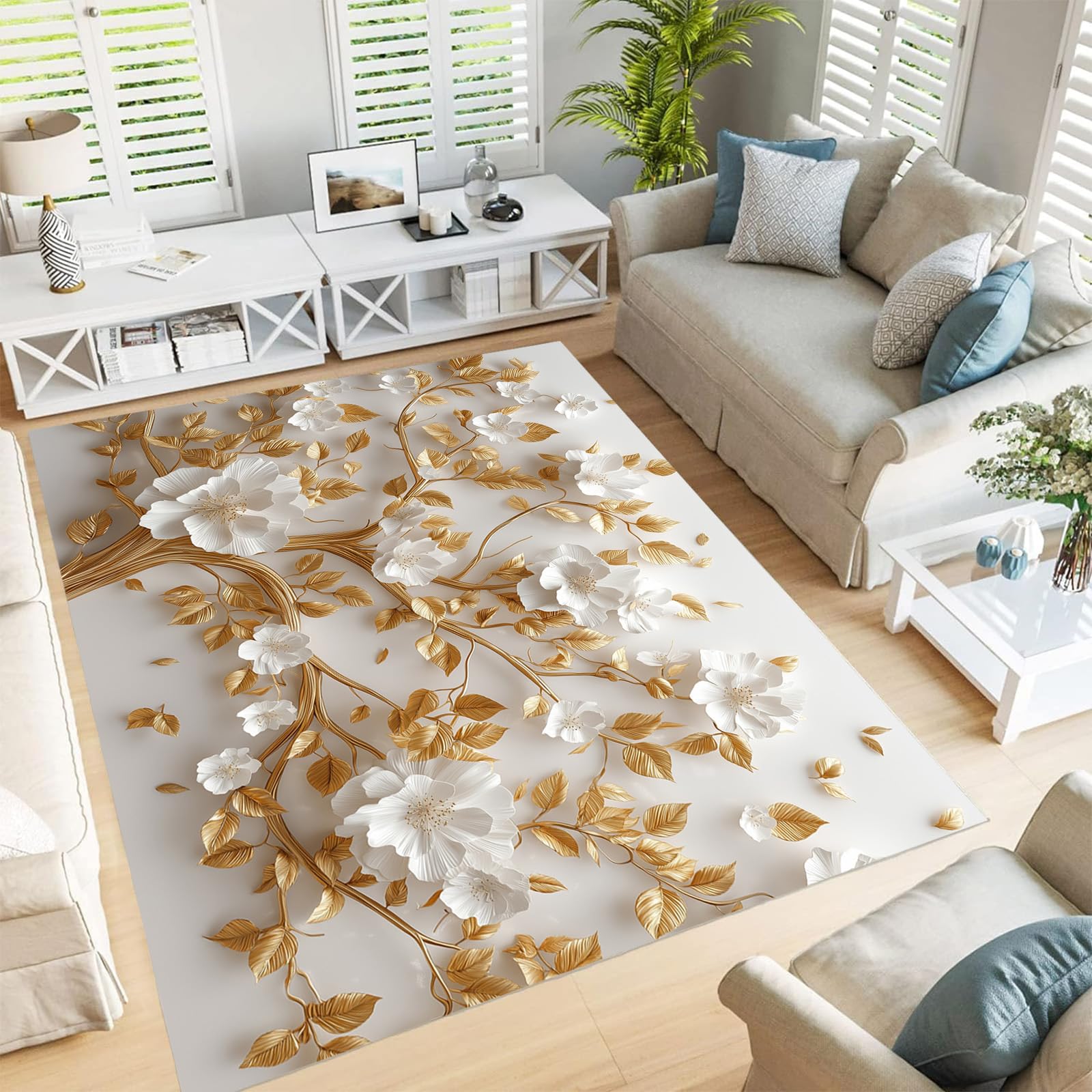 Tapis à fleurs en relief ivoire 60x90cm pour salon chic