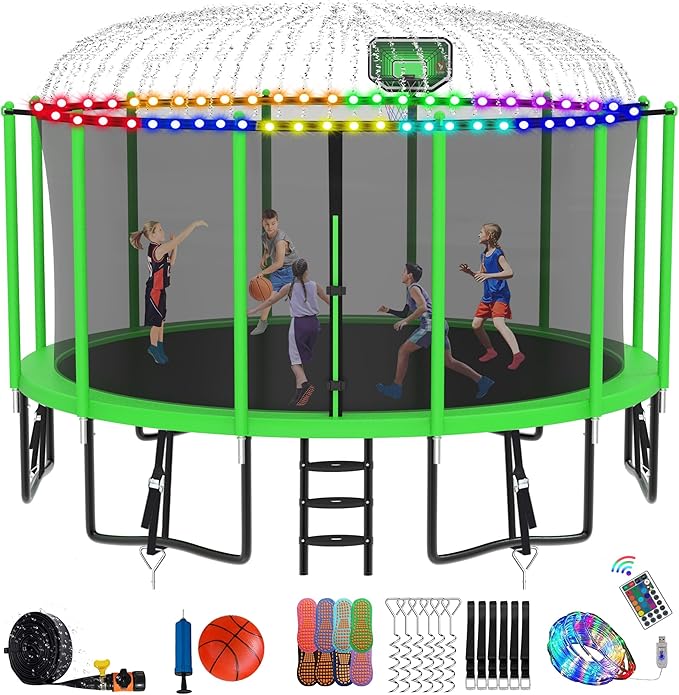 DeepRoar Tranpoline for Kids and Adults, 1500LBS 16FT 15FT 14FT 12FT 10FT 8FT Tranpoline with Basketball Hoop, Safety Enclosure Net, Heavy Duty Tranpoline with Light, Sprinkler, Socks, ASTM Approved