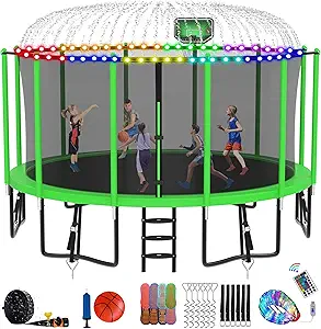 DeepRoar Tranpoline for Kids and Adults, 1500LBS 16FT 15FT 14FT 12FT 10FT 8FT Tranpoline with Basketball Hoop, Safety Enclosure Net, Heavy Duty Tranpoline with Light, Sprinkler, Socks, ASTM Approved