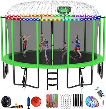 DeepRoar Tranpoline for Kids and Adults, 1500LBS 16FT 15FT 14FT 12FT 10FT 8FT Tranpoline with Basketball Hoop, Safety Enclosure Net, Heavy Duty Tranpoline with Light, Sprinkler, Socks, ASTM Approved