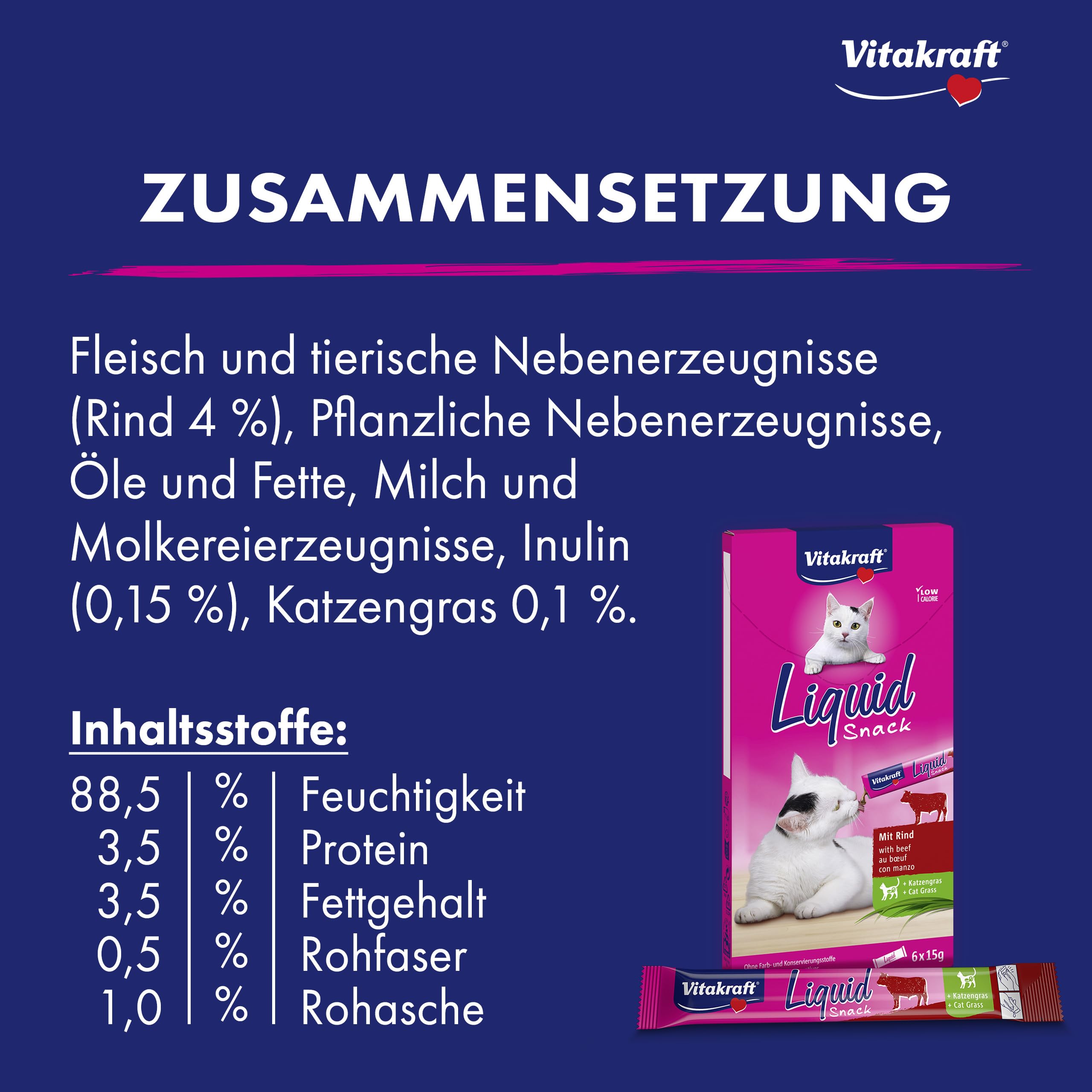 Vitakraft Liquid Snack, golosina para Gatos, Snack cremoso para Gatos, con Carne de Vacuno y Hierba para Gatos, en bolsitas Individuales, para una Flora intestinal Sana (1 Paquete con 6X 15g)