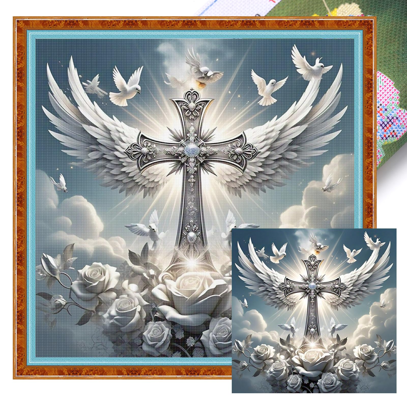 Poetrydraw Cross Full 11Ct 3 Strands Diy Stamped Stitch Kits For Beginners Adults Home Wall Decor Embroidery Needlepoint Starter Kits 40X40cm (Cross)
