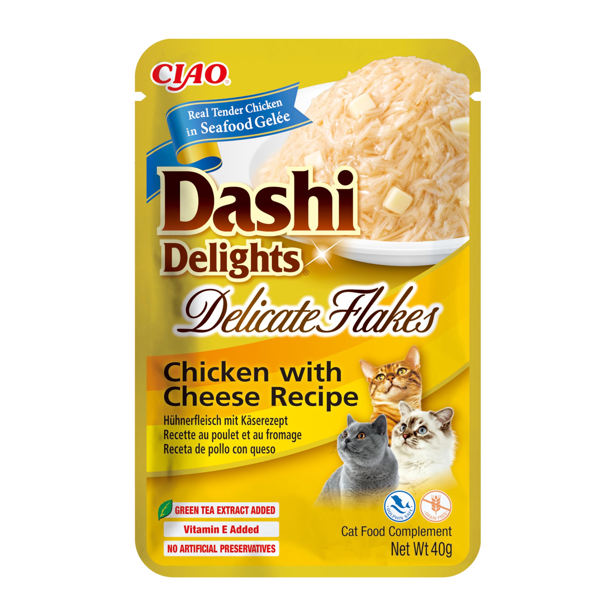 INABA Dashi Delights Delicate Flakes, Wet Food for Cats with Chicken and Cheese, Flakes in Fish Broth, Rich in Protein, Natural Ingredients, Complementary Meal, 1 Pack of 40g