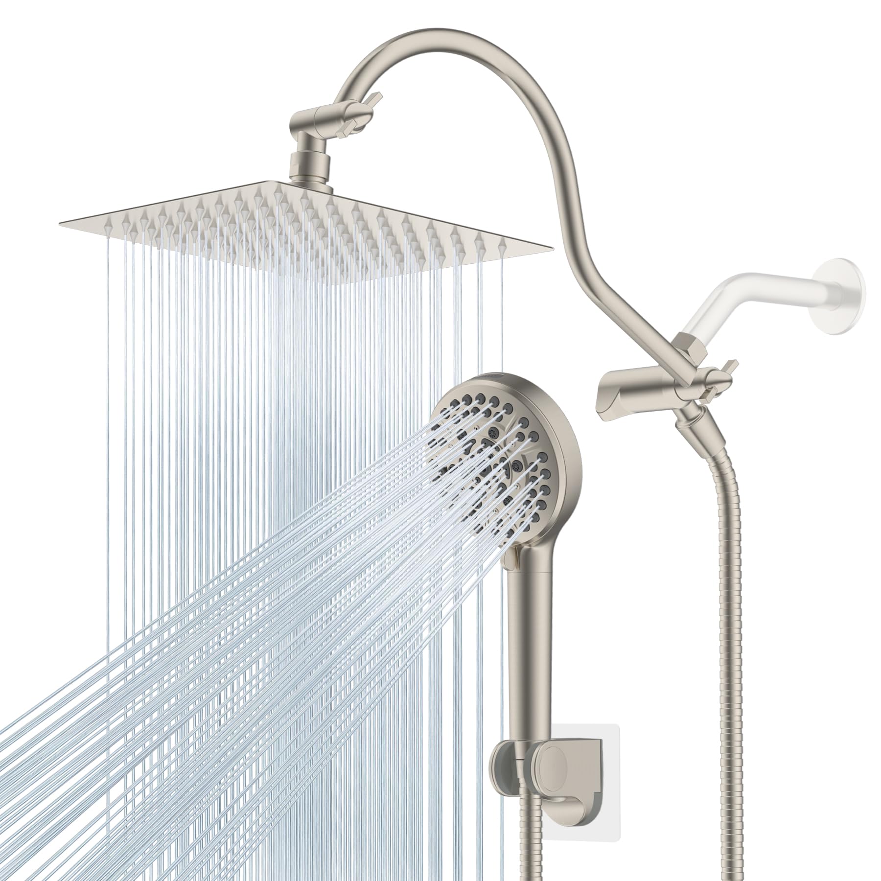 Lanhado Pomme De Douche à Effet Pluie Haute Pression De 20,3 Cm Avec Bras D'extension De 27,9 Cm, Support Et Tuyau, Anti-fuite, Chrome