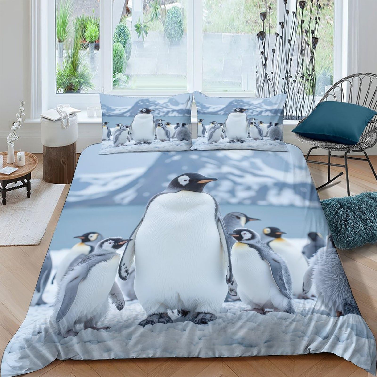 Ctjqhvkz Style-1 3D Printed Penguin Family Fitted Sheet Microfiber Soft Blue Ice Mountain Bed Cover For Bedroom Dorm Mattress Decor Single（135X200cm）