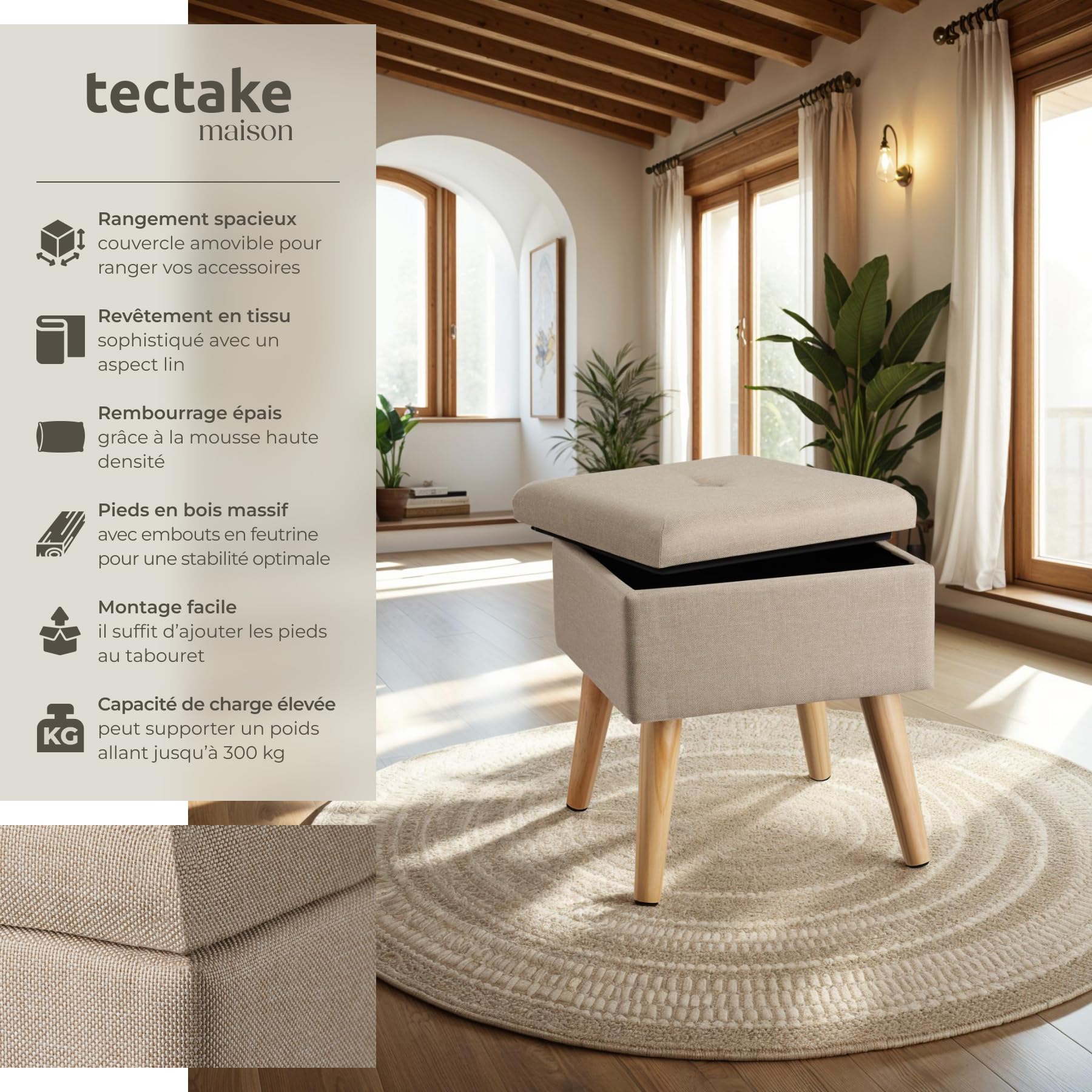 Tectake Pouf Velours Coco Avec Coffre – Repose-Pied 300 Kg, Base Dorée, Rangement 54 L