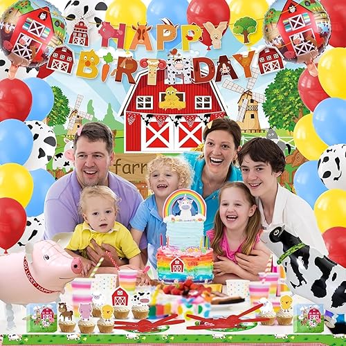 Miniatura 5 de 184 piezas de suministros de fiesta de cumpleaños de granja para 20 invitados, decoraciones de fiesta de animales, incluye pancarta de feliz