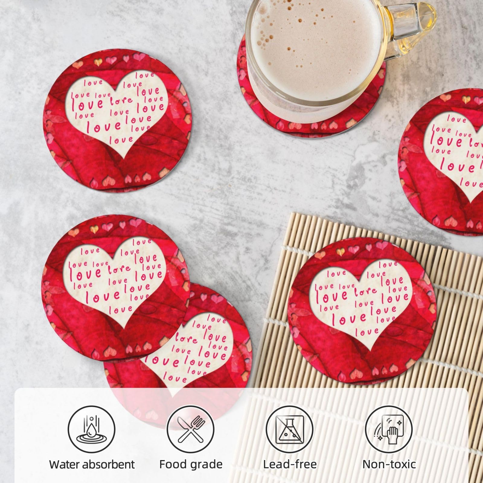 Set di 6 sottobicchieri decorativi in ceramica con stampa cuori rossi