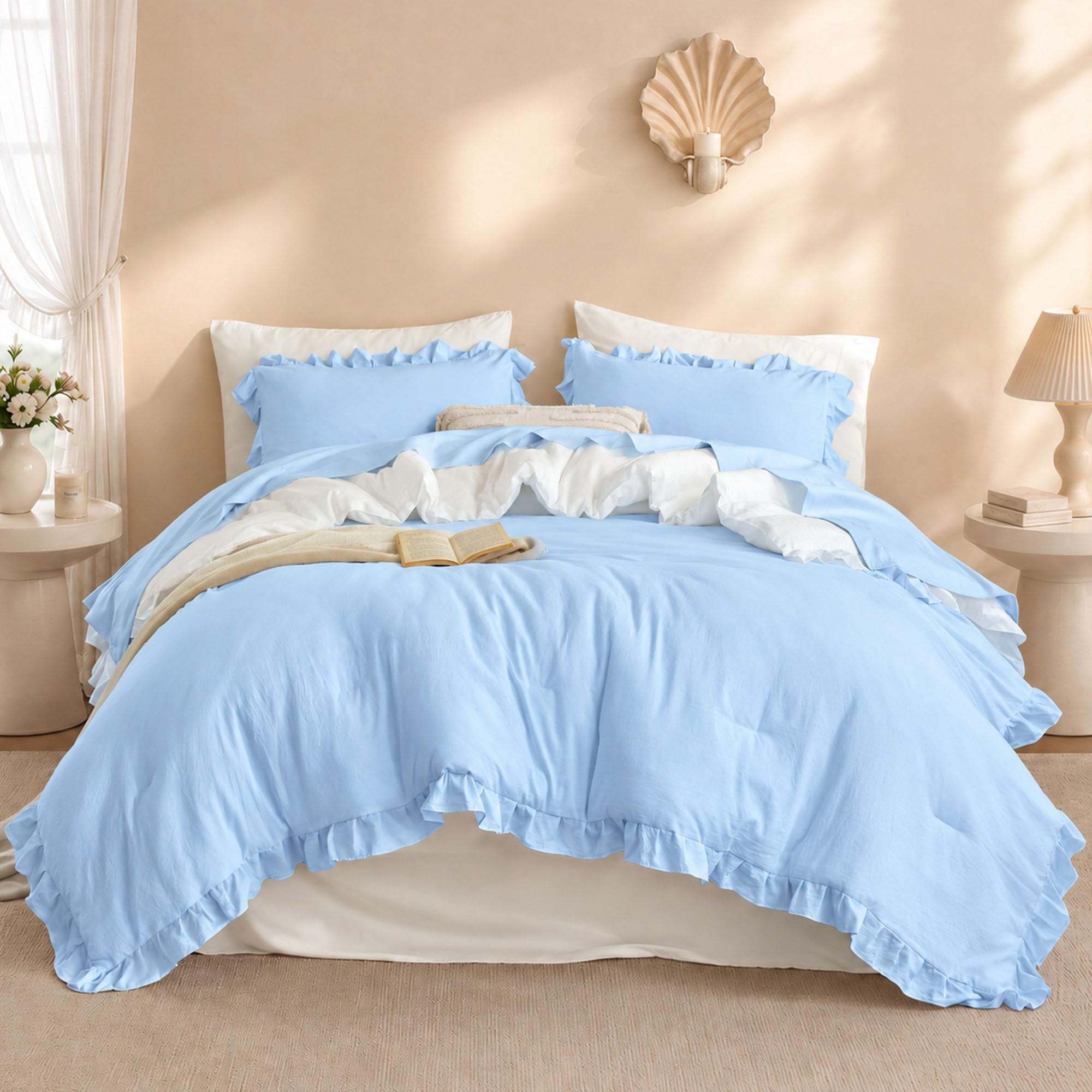 JANZAA Light Blue Comforter Set Full, Ruffle Soft Bedding