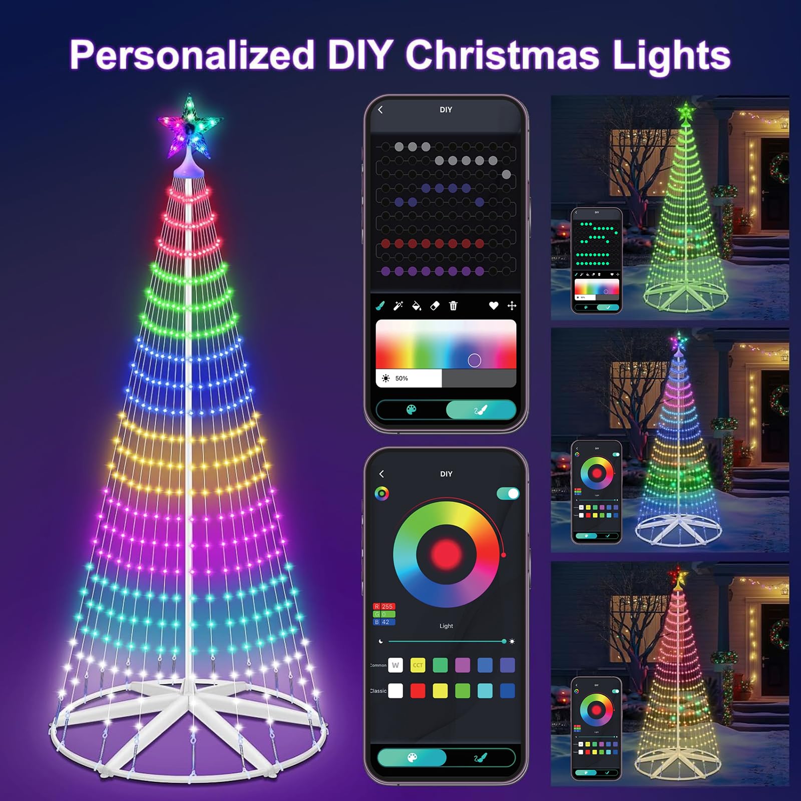 Hoofun Catena luminosa intelligente a LED per albero di Natale: 150 cm, illuminazione natalizia con stelle, app e telecomando, spina USB, RGB dimmerabile, modalità fai da te, timer, decorazione