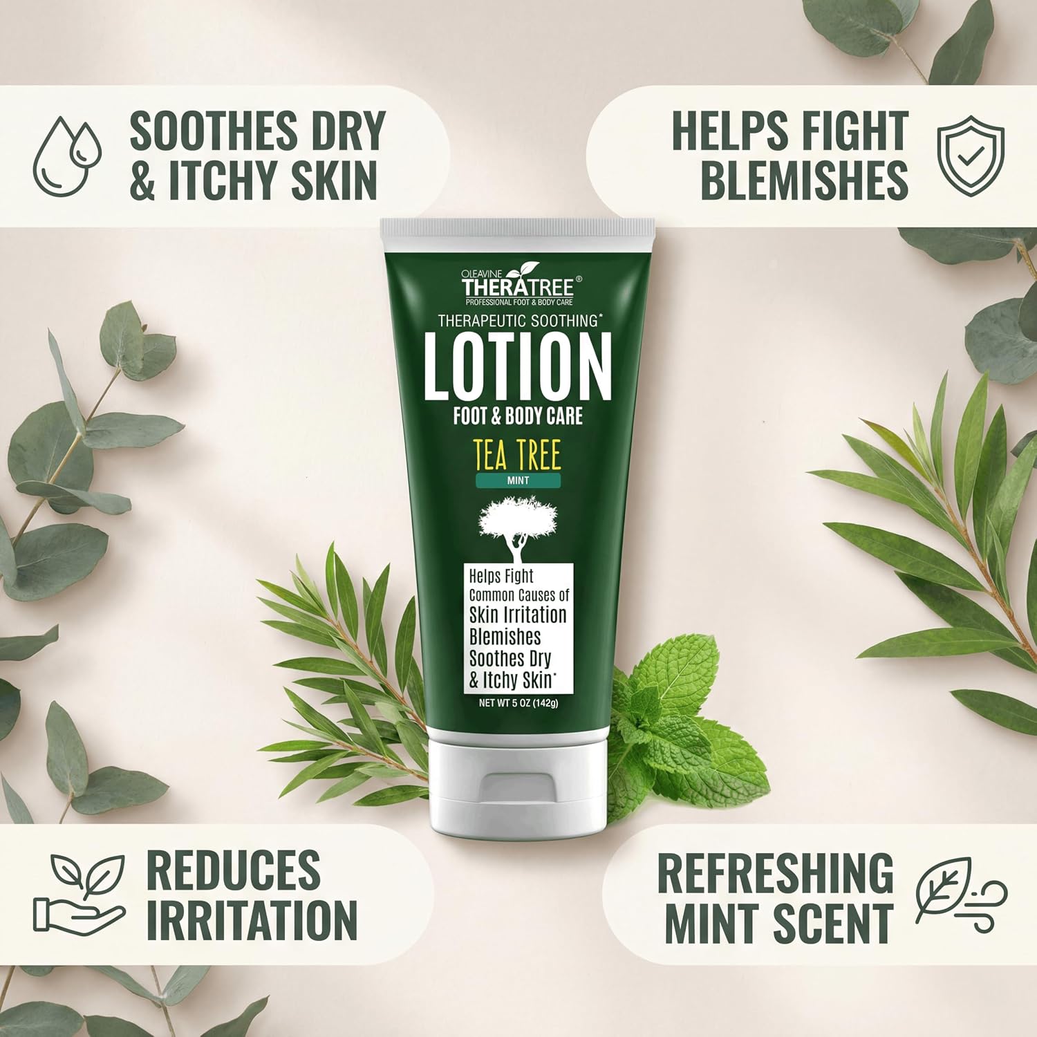 TheraTree Tea Tree Oil Lotion with Neem Oil for Foot & Body - Soothing Moisturizer with Aloe Vera, Colloidal Oatmeal & Menthol for Dry, Itchy Skin - Men & Women, 5 oz