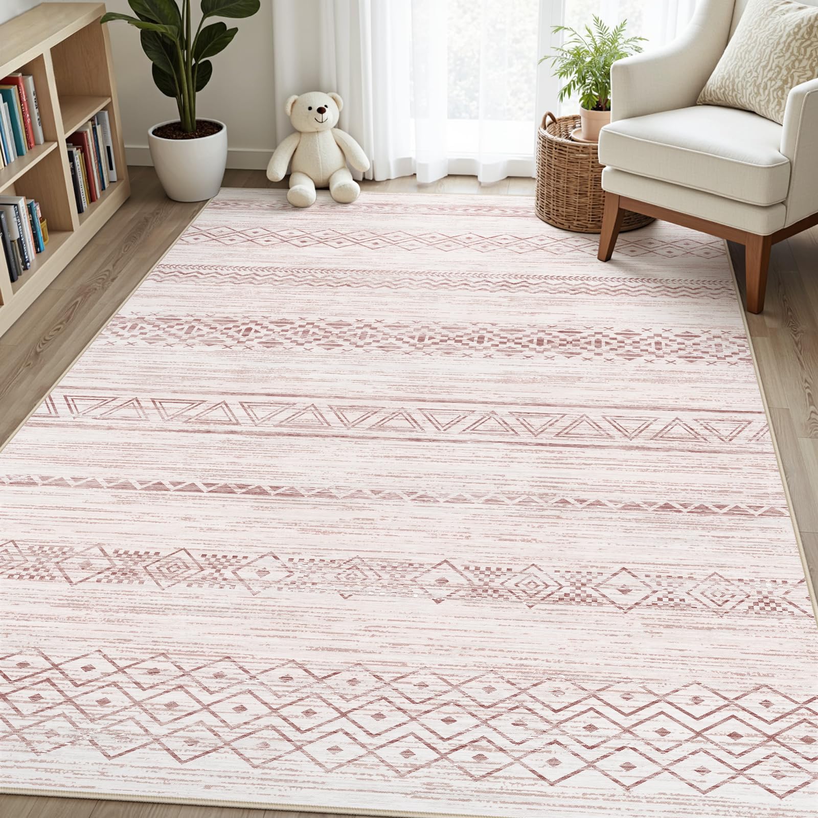 5x7 Washable Area Rugs - Modern Moroccan Rug Boho Carpet for Living Room Non-Slip Low Pile Soft Machine Washable Carpet for Bedroom, Dining Room, Nursery, Farmhouse, Home Office (5'x7', Pink)