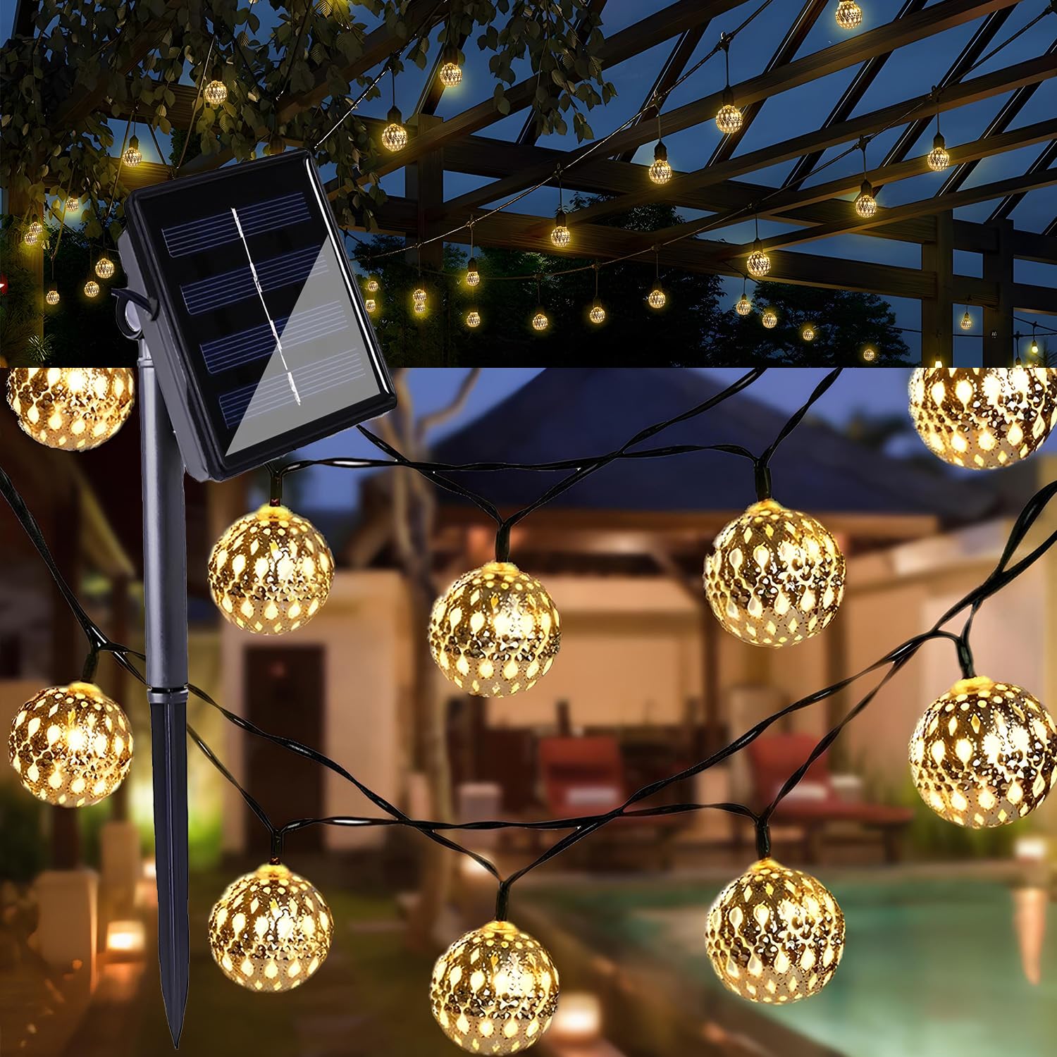 Guirlande Lumineuse Solaire Extérieure 10 Lanternes En Corde De Papier 3.6M - IP44 Imperméable