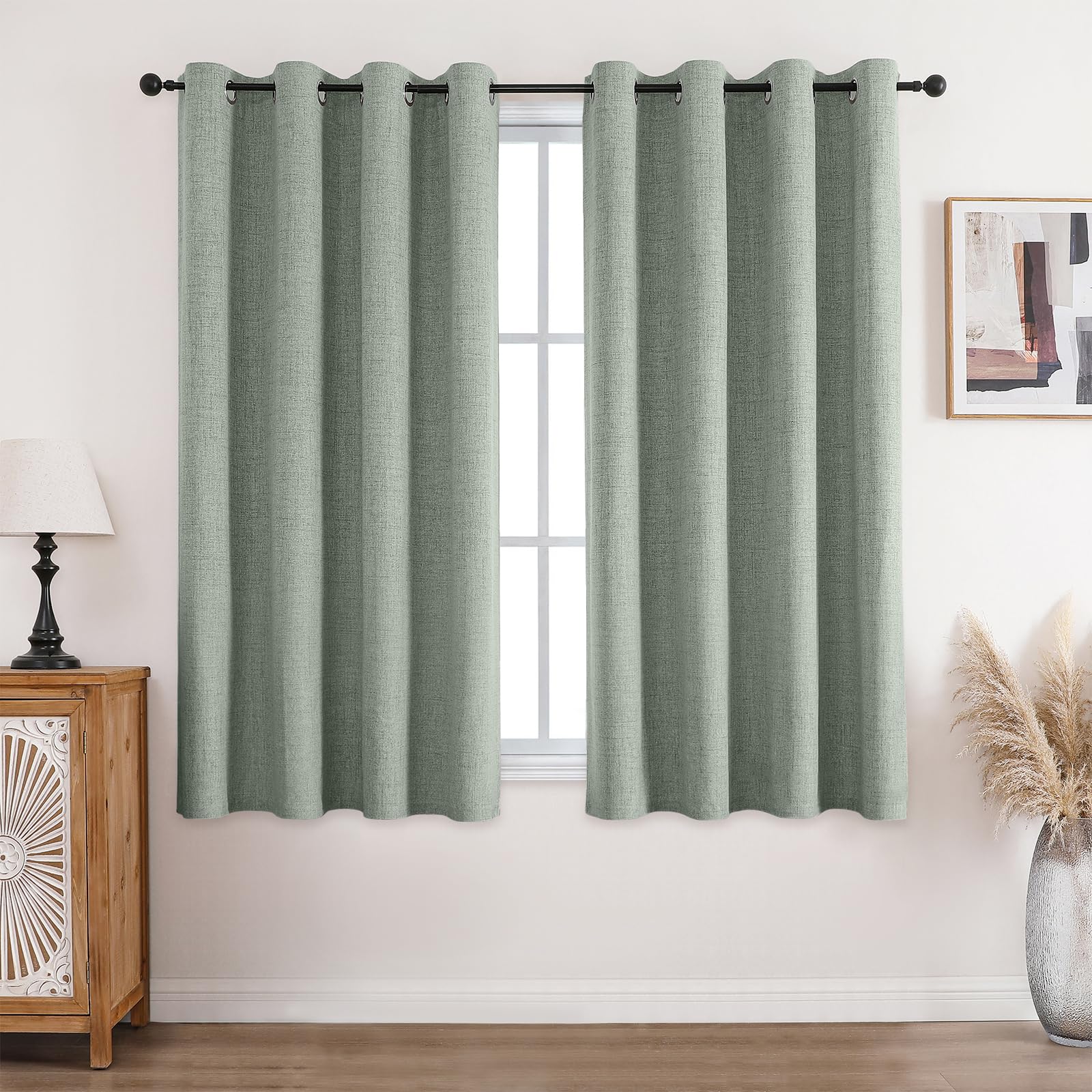 CUCRAF 100% Blackout Curtains Grayish green 63 Inch Drop 2 Panels Soft Texture Energy Saving Sun Blocking Thermal Eyelet Curtains for Bedroom Living Room 52 X 63 Inch