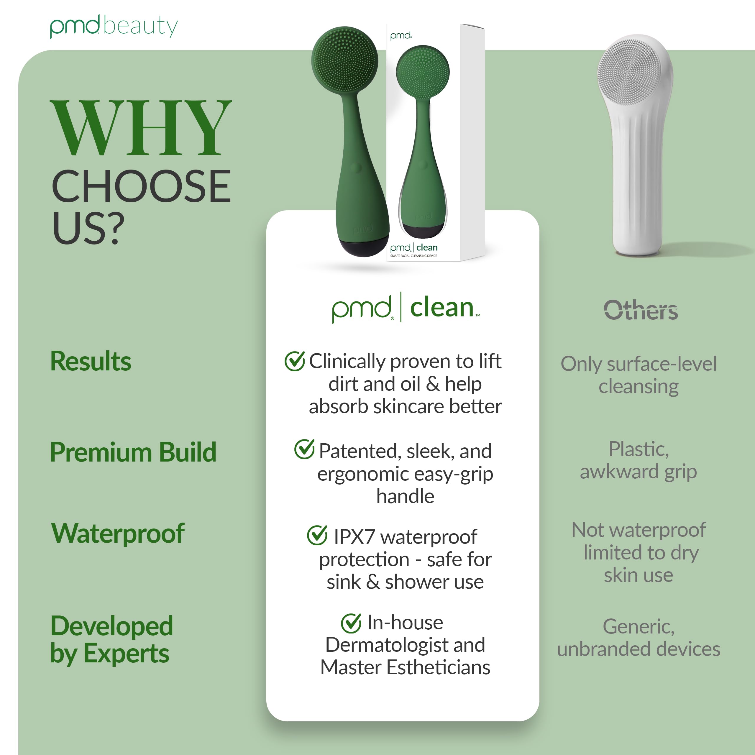 PMD Clean Facial Cleansing Brush – Waterproof Silicone Face Cleanser with Sonic Technology, Olive view 7