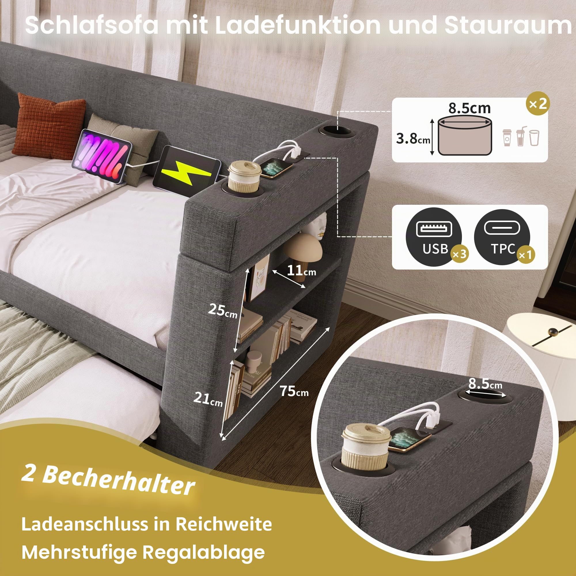 Multifunktions Daybett Jugendbett 90x200 cm Ausziehbett mit USB-Type-C & USB Ladeanschlüssen und Getränkehalter, Kinderbett, Polsterbett, Klappbett Gästebett, Grau (Ohne Matratze)