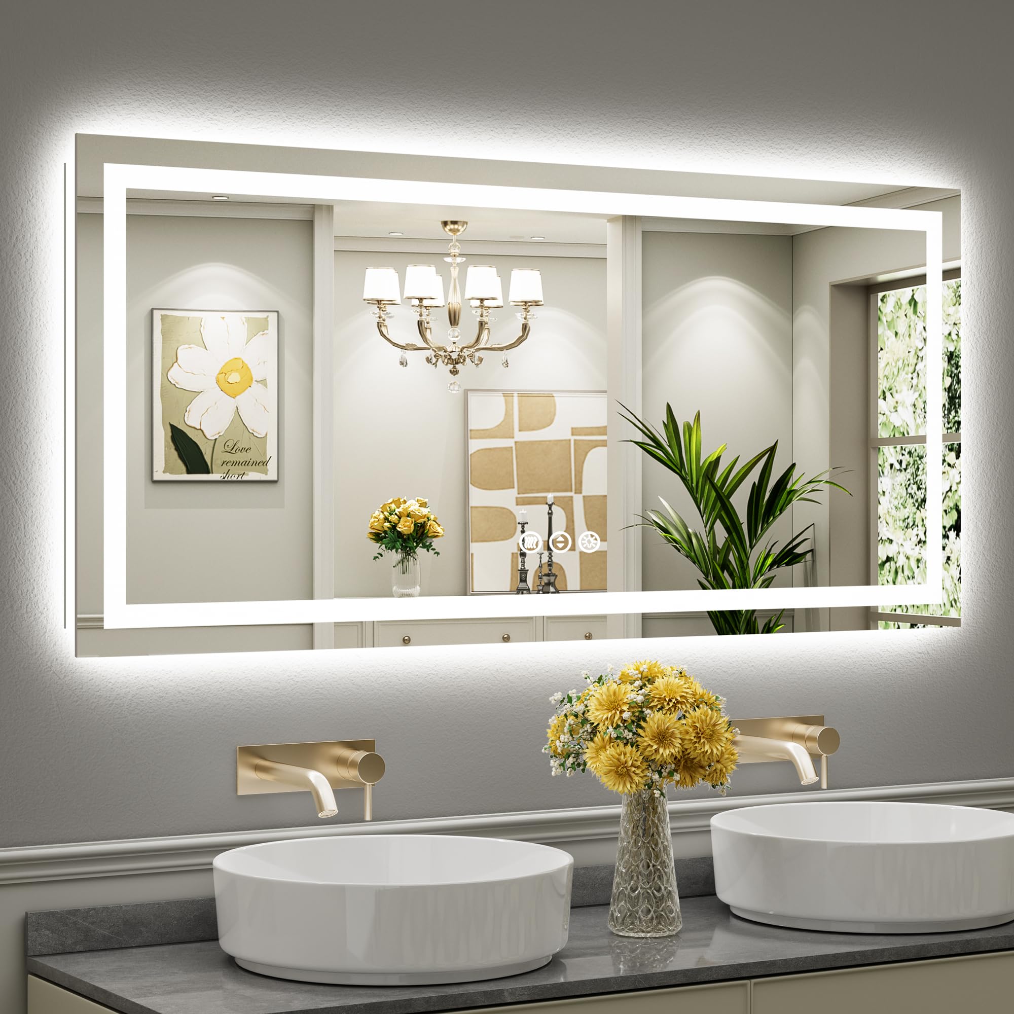 Briivue 60x28 Inch LED Bathroom Mirror with Lights, Backlit & Front Lit, Anti-Fog Lighted Bathroom Vanity Mirror for Wall, Memory Function, Dimmable, HD Tempered Glass, Shatter-Proof
