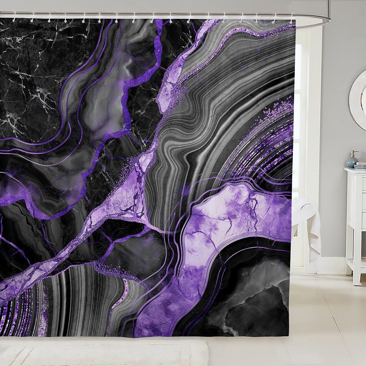 Black Grey Marble Shower Curtain 72"Wx72"L, Purple Marbling Crack Bathroom Shower Curtain Sets, Abstract Metallic Texture Fabric Shower Curtain, Gray