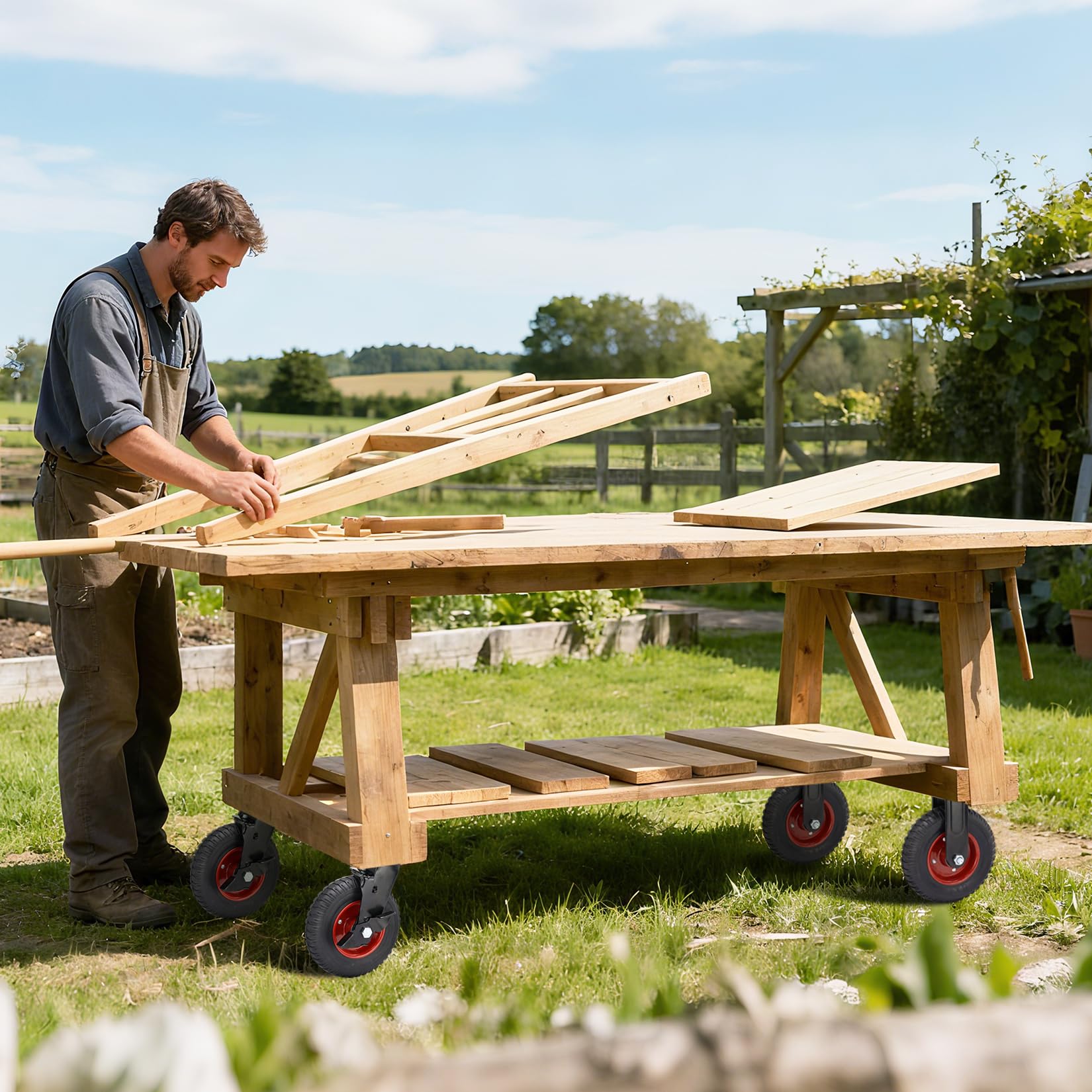 Humagineer200mm Industriestufe Schwerlastrollen Set - 2 Lenkrollen mit Bremse & 2 Festrollen - Tragkraft 1000kg, Vollgummi mit Kugellager - für schwere Maschinen, Industrie-Anlagen und Logistik