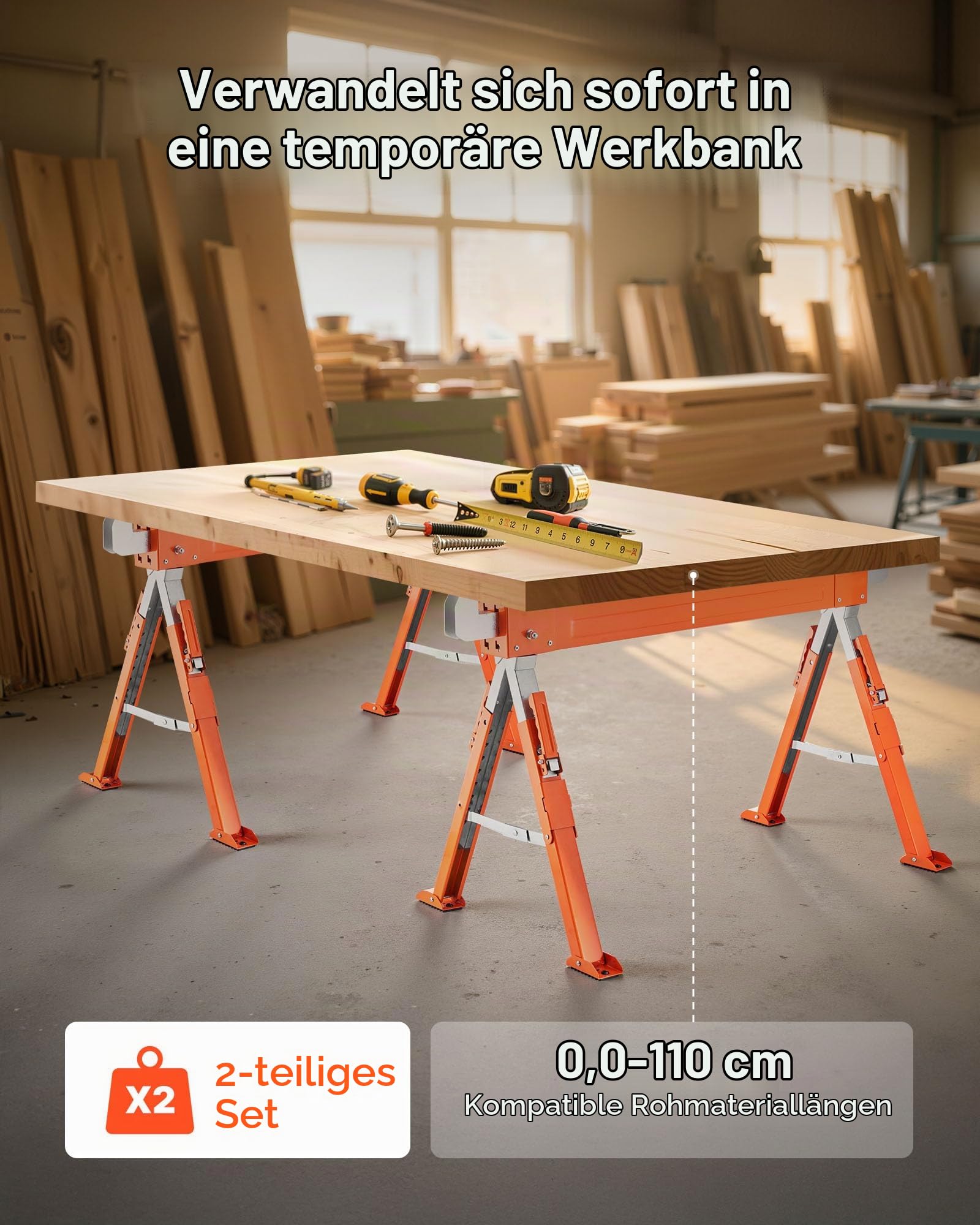 VEVOR Unterstellbock, 2er-Pack Arbeitsböcke, 816,5 kg, Klappbock mit klappbaren Beinen, höhenverstellbar, Sägebock mit rutschfesten Fußpolstern, für Holzarbeiten, Tischler & Bauunternehmer