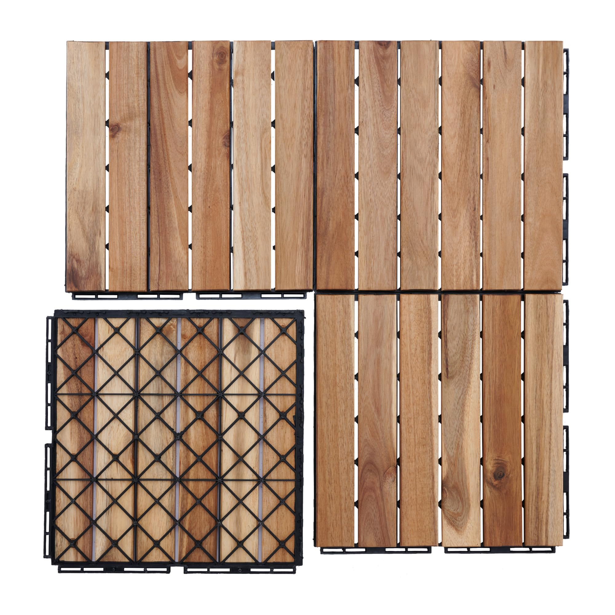 casa.pro Set de 10 Dalles en Bois avec 6 Lattes Décoratives Carreaux à Clipser Résistants pour Terrasse Balcon Jardin Sauna Piscine Bois d'Acacia Surface Totale 0,9 m² Naturel