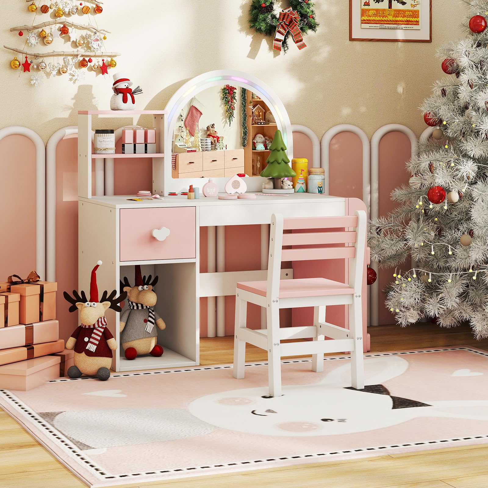LIFEZEAL Tavolo da Toeletta con Specchio, Luci (bianco+rosa) | Set da Toeletta con Sgabello, 1 Cassetto, Scomparti Aperti, Mensola Laterali, Accessori, per Cameretta, per Bambina 3+Anni