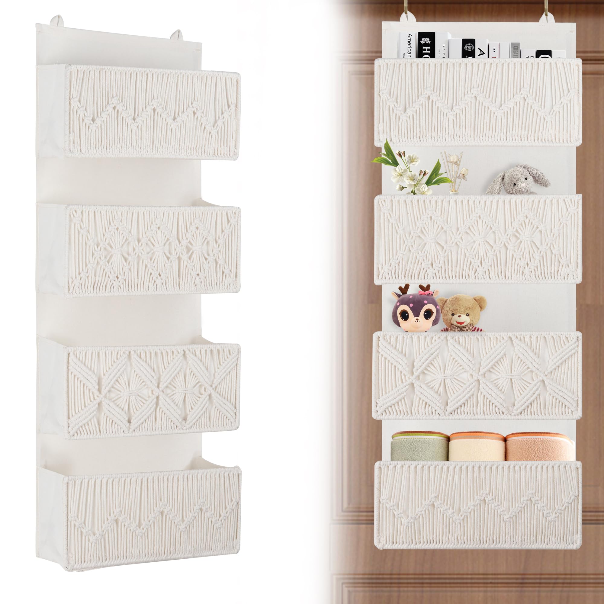 FEILANDUO Organizador para colgar sobre la puerta, macramé bohemio, decoración de almacenamiento, 4 bolsillos, cesta colgante de pared para baño, apartamentos, oficina, organizador detrás de la puerta