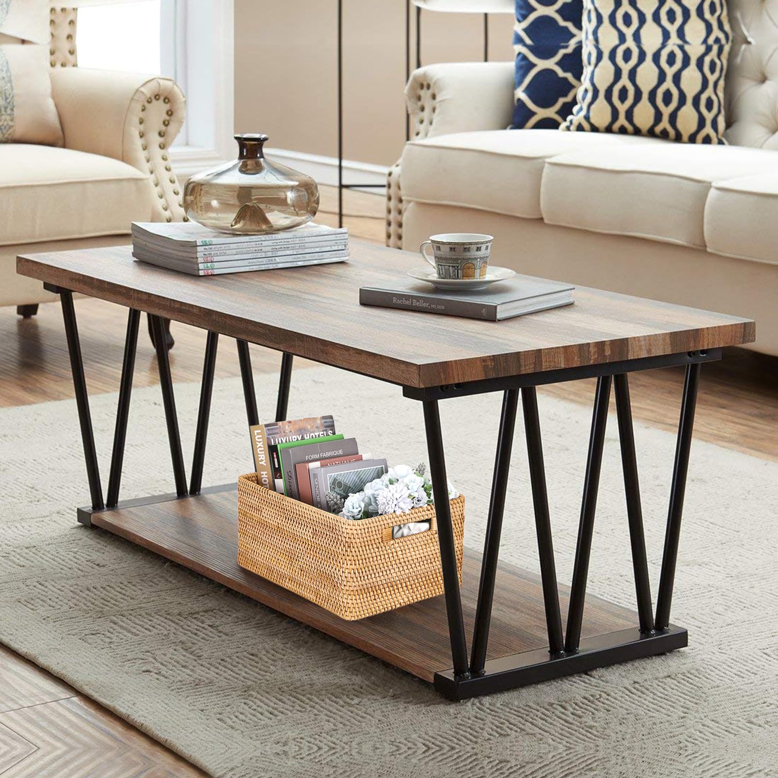 IGNPION Cestino in vimini aperto decorativo, multiuso, per mensole, bagno, cucina, soggiorno, ufficio, 38 x 28 x 18 cm