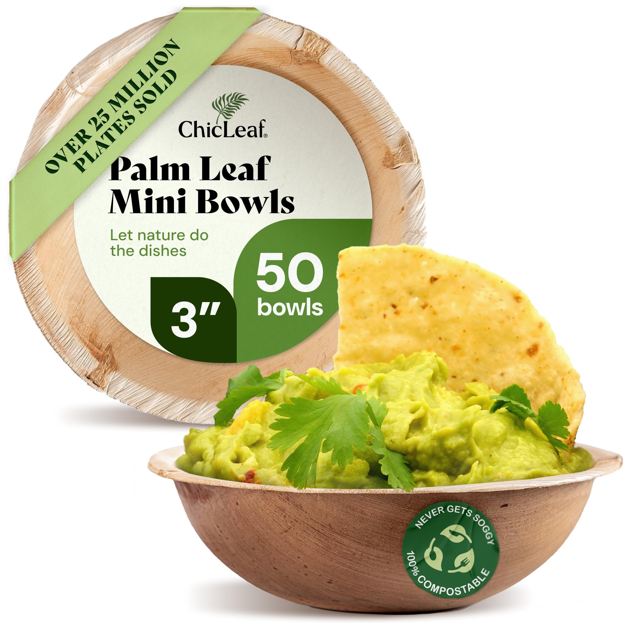 chic leaf palm leaf bowls - mini disposable bamboo bowls for parties, event appetizers - biodegradable & compostable party supplies (3'' round - 50 pack) - bamboo bowl