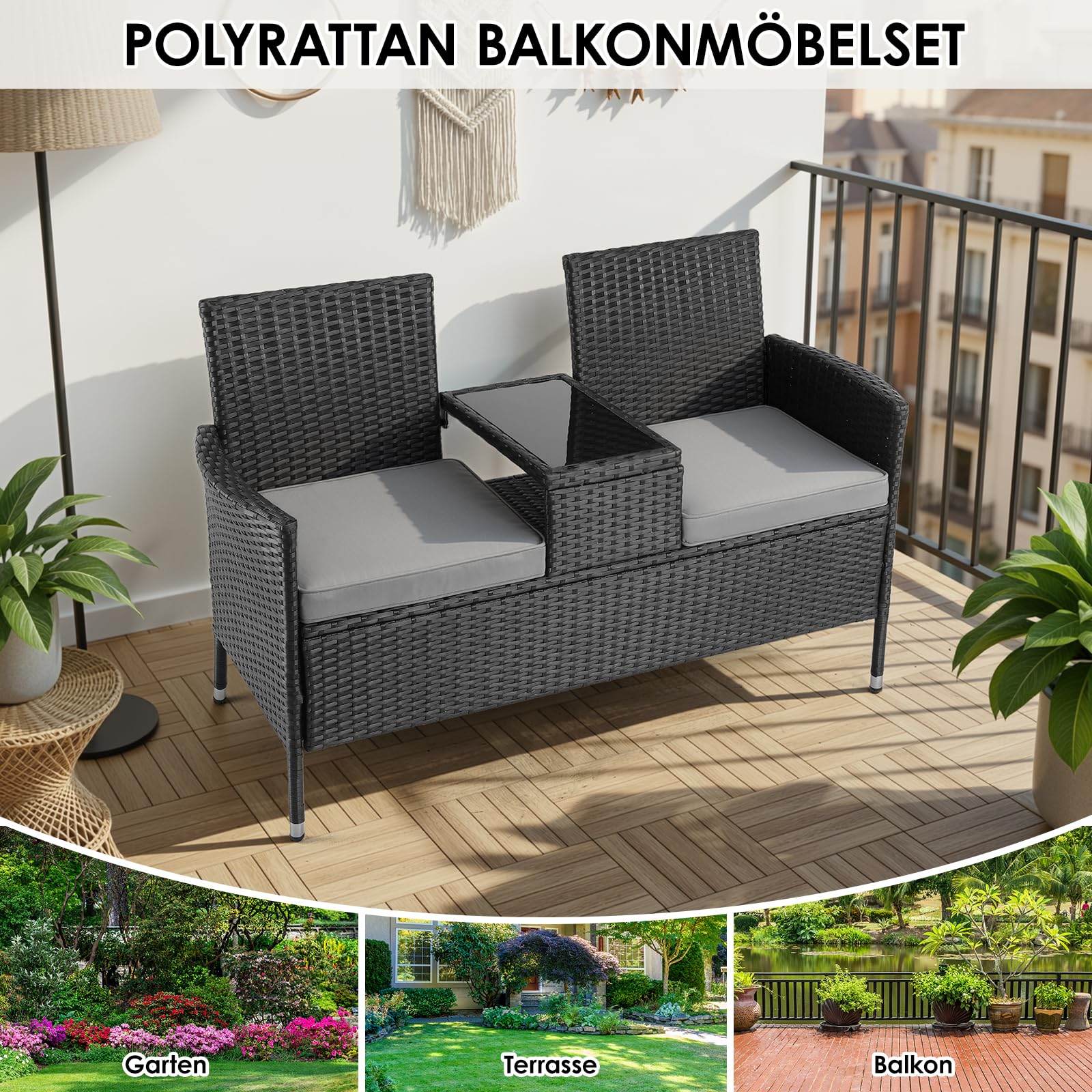 Clevich Polyrattan Gartenbank mit Tisch, Balkonmöbel 2er Set mit Weicher Sitzkissen, Gartenmöbel Set für Kleinen Balkon, Wetterfest, UV-beständig, Outdoor Sitzbank für Terrasse, Garten (Schwarz)