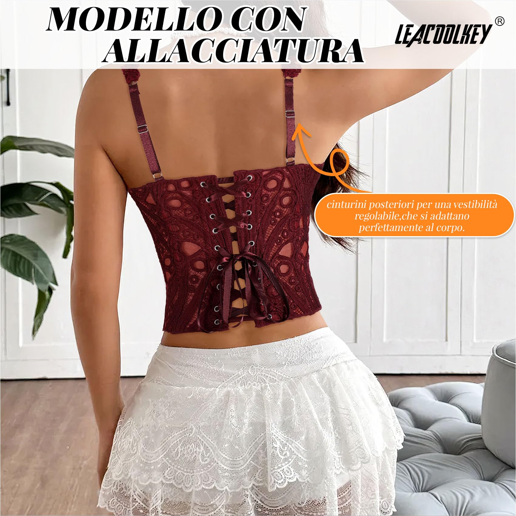 LEACOOLKEY Corsetto da Donna in Pizzo Bustier Sexy Trasparente a Fiori Top Corto Elegante in Rete con Lacci Corpetto Top Modellante per Uscite, Appuntamenti, Feste e Festival Musicali