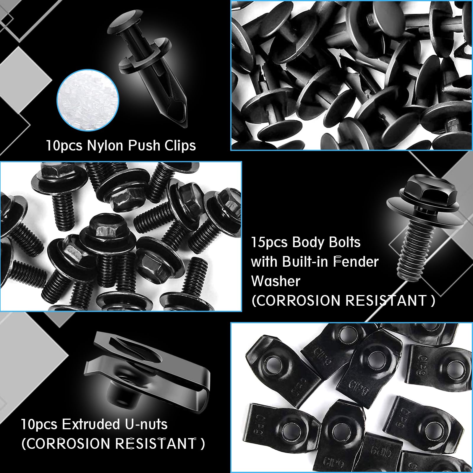 ZKFAR 35 PCS Car Engine Cover Protective Bolt, Bumper Fender Sliding Lining Metal U Shaped Fixed Device Car Parts Accessories Black