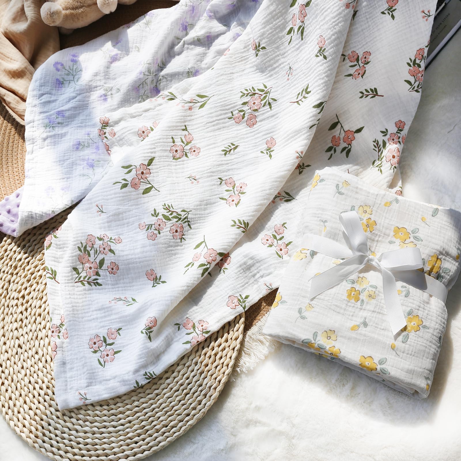 BOPRIO Mantas de bebé unisex para niños y niñas, supersuaves, con parte delantera de algodón de muselina transpirable y parte trasera de forro polar con puntos 3D, estampado floral, para recién nacido