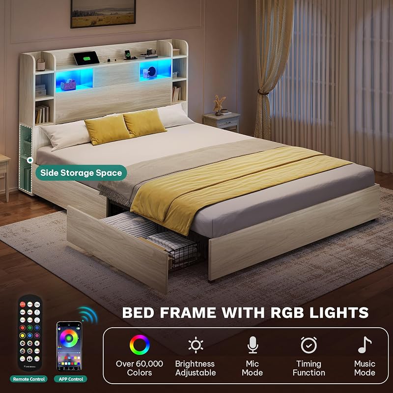 DWVO Queen Size Bed Frame with Bookcase Headboard and 4 Storage Drawers image 4