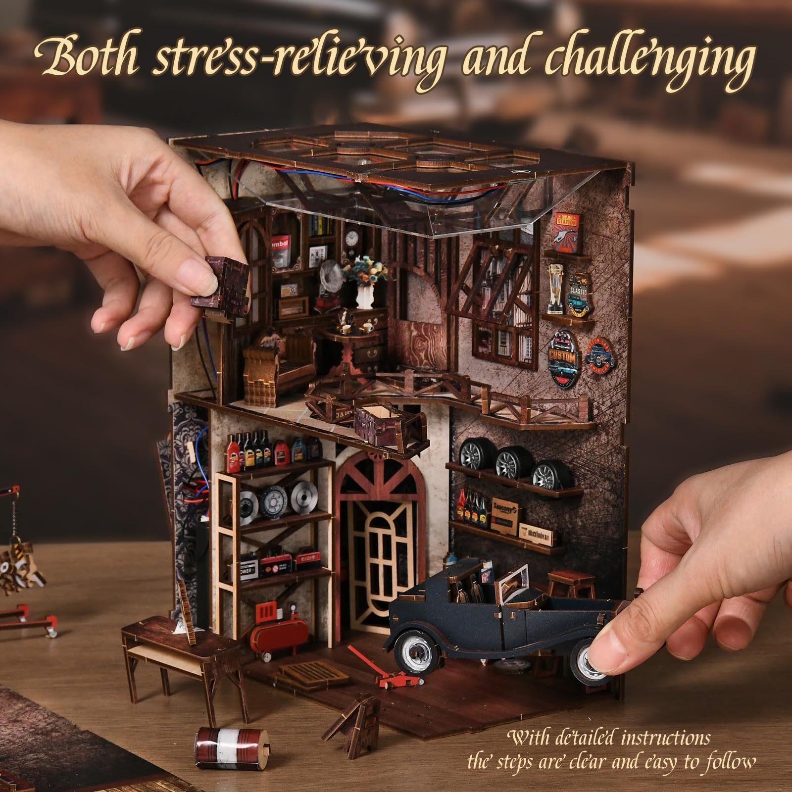 Book Nook Kit–Handwerkliche Reparatur Werkstatt Modell (Mechanischer Stil), 3D-Miniatur-Holzpuzzle zum Selberbauen mit LED-Beleuchtung, Bastelset für Erwachsene, Geschenk & Wohnaccessoire