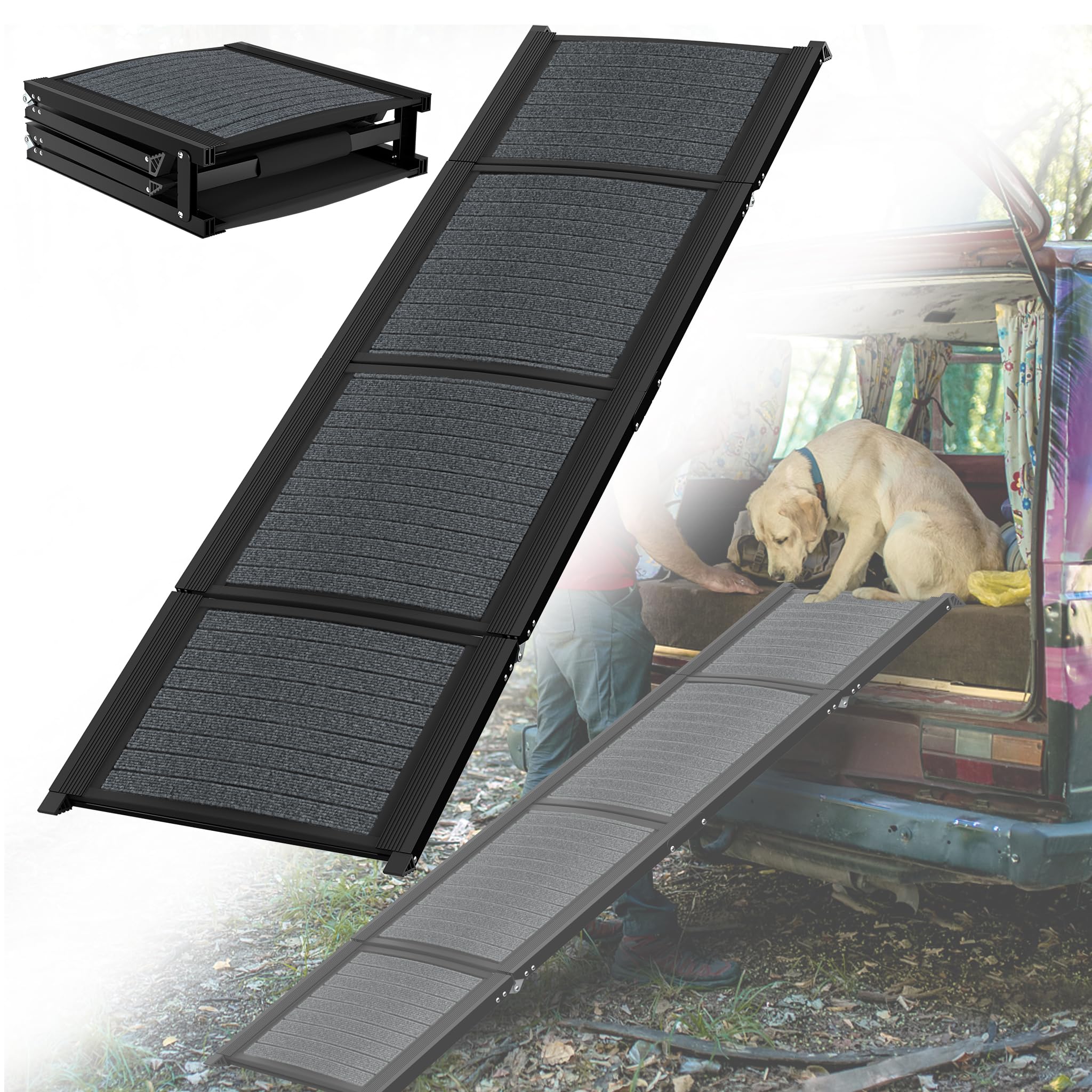 HENGMEI Hunderampe Klappbar Hundetreppe Auto Faltbare Kunststoff Hundeautorampe Hunde Auffahrrampe Kofferraum Einstiegshilfe, Haustiertreppe für Große und Schwere Hunde, 157x44cm, Schwarz