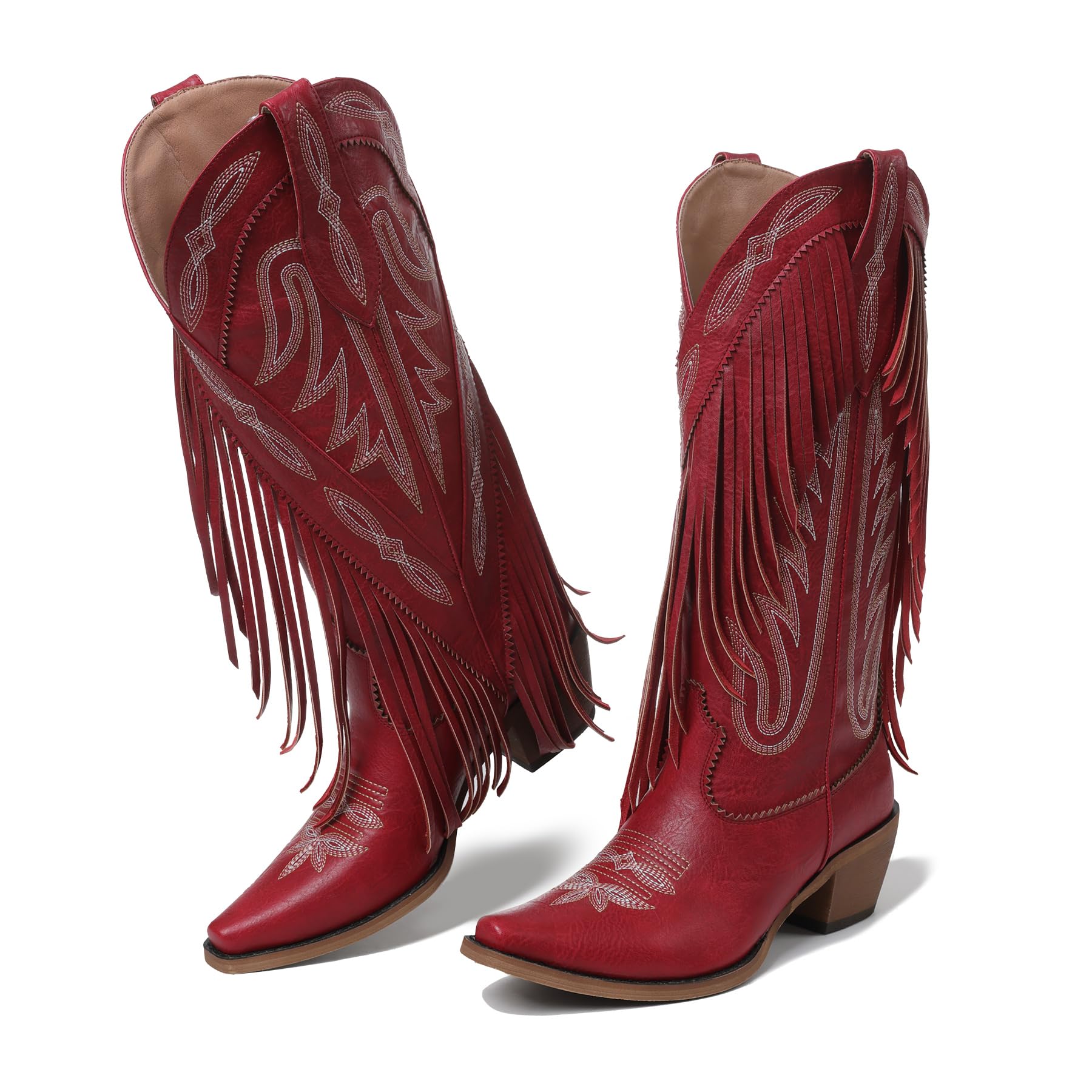 Cowgirl Boots for Women Retro Pointed Toe Pull On Block Chunky Heel Embroide Tassel Country Concert Outfits Mid
