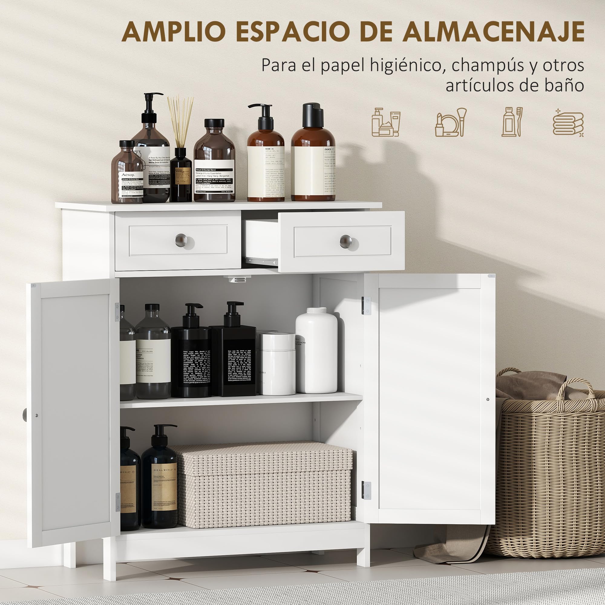 kleankin Armario Auxiliar de Baño 2 Cajones 2 Puertas 60x30x75 cm Blanco | Mueble Auxiliar de Baño, Estante Ajustable, Estilo Moderno, para Ducha Dormitorio