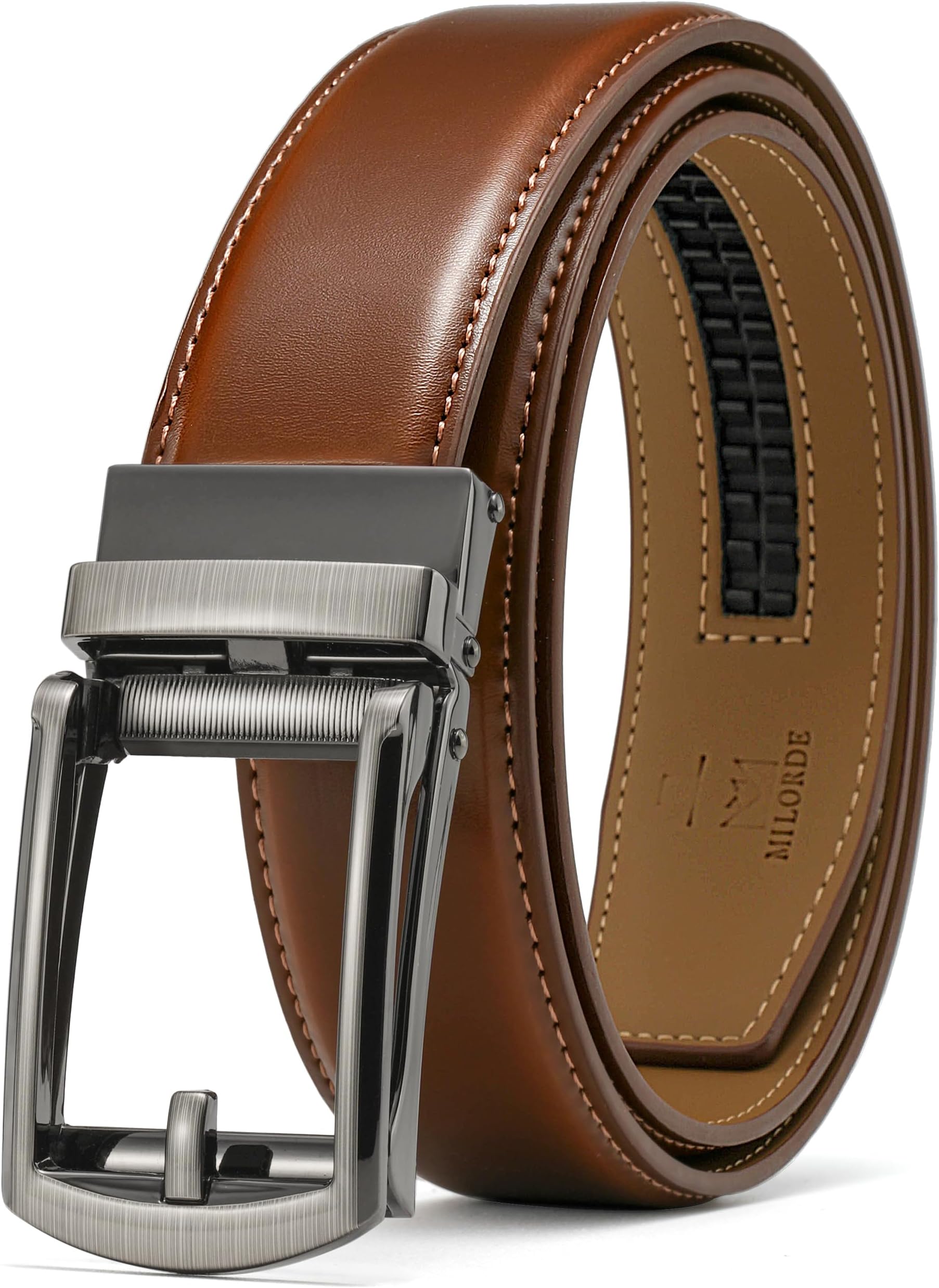 MilordeMen's Genuine Leather Ratchet Belt, Customizable Fit, 1 3/8" for Dress Pant Shirt Oxfords Casual Golf
