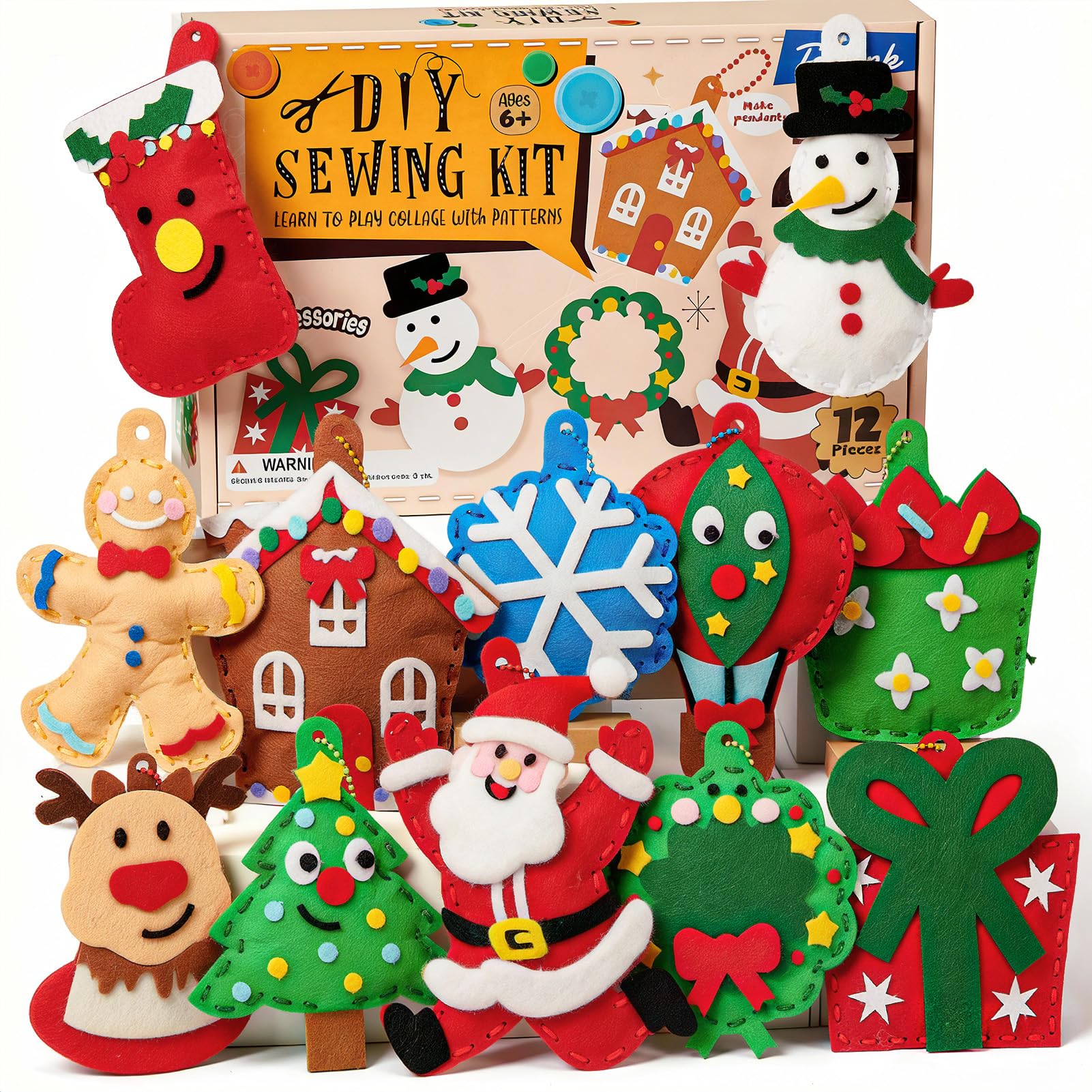 Toylink Filz Nähset Kinder, 12Pcs Bastelset Basteln Kinder ab 4 5 6 7 8 Jahre, Nähen mit Farbige Stickgarn Füllwatte, Kindergeburtstag Kreativ DIY Set Basteln Geschenk für Jungen Mädchen (Weihnachten)