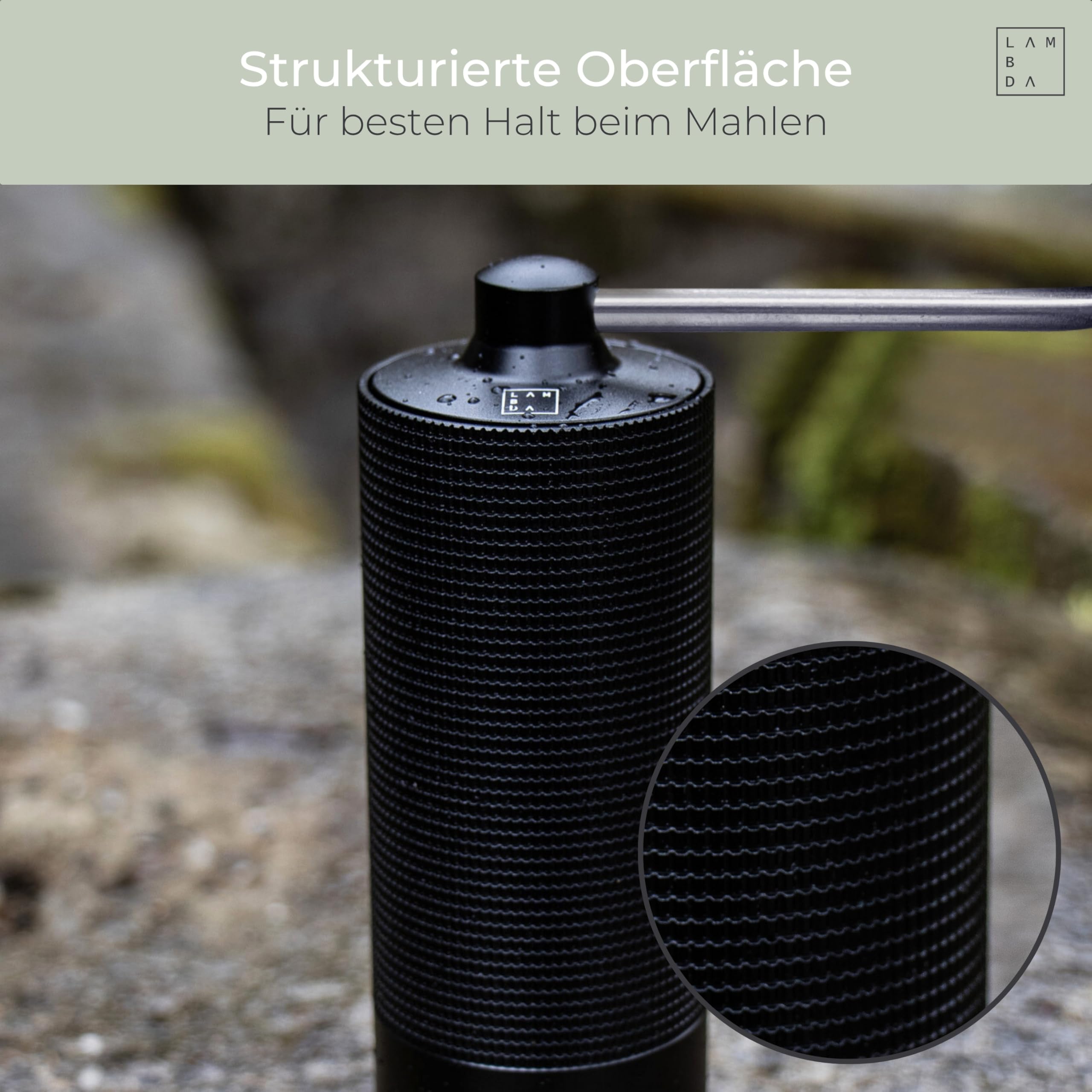 LAMBDA COFFEE® TERRA SIGMA I Espressomühle mit 108 einstellbaren Mahlgraden mit 0,055mm Einstellpräzision I Edelstahl Mahlwerk I leichtes Aluminium-Gehäuse I Hand Kaffeemühle manuell