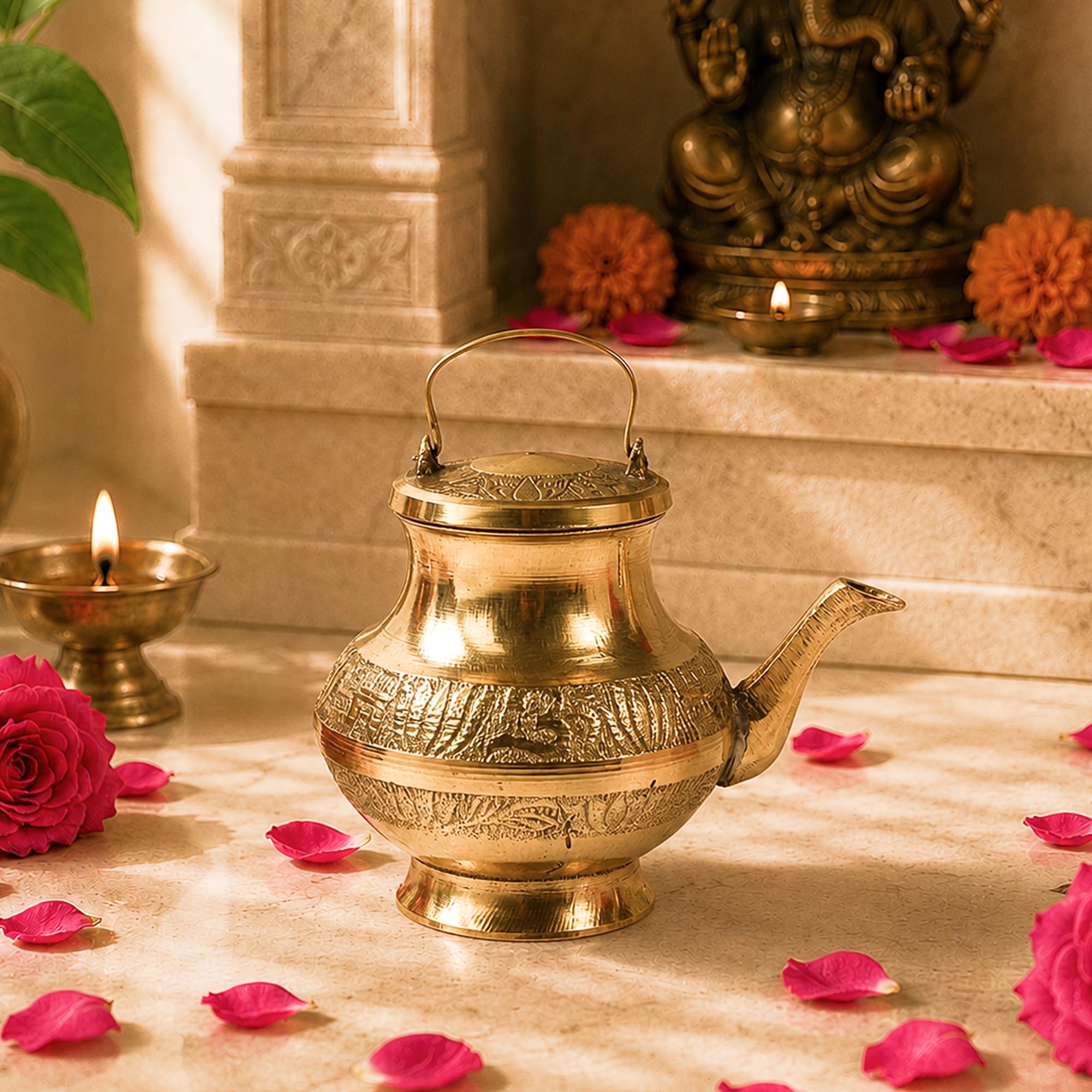 Habere India-All the Cultures Fabricating India Traditional Brass Pooja Kalash | Kerala Kindi, Lota with Spout & Gangajal Lota | Puja Accessories & Brass Vessels for Home (Design01: L13 x W9 x H10 cm)-picture-17