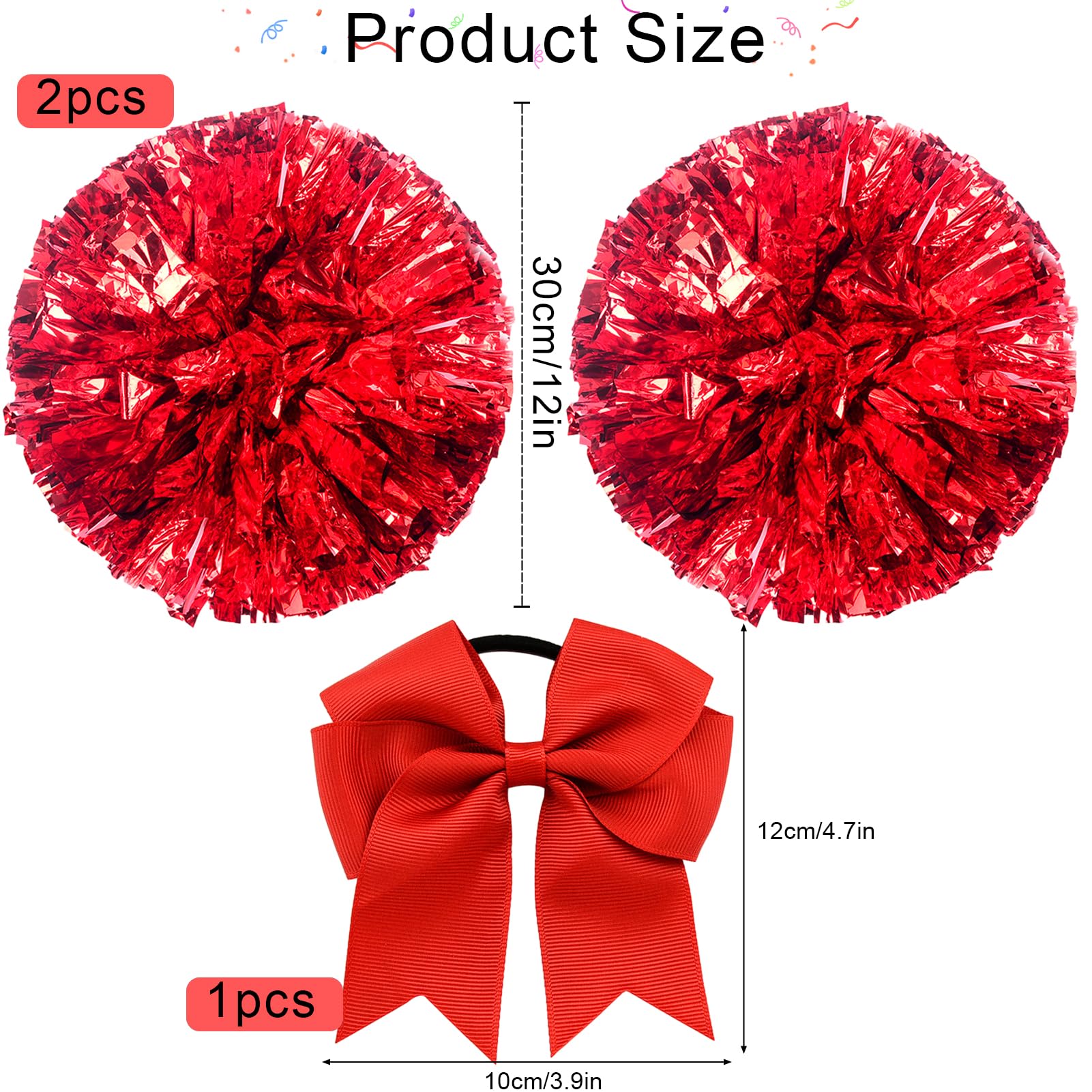 3 Piezas Pompoms Animadoras, Pompones de Animadora con Asas, Pompones Animadora, Cheerleader Pompom para Deportes Team Spirit Cheering Reemplazo para Fiestas Pompones Deportivos (Rojo) — view 2