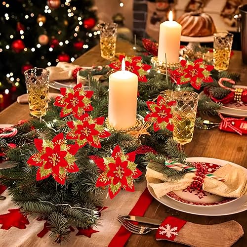 Miniatura 5 de 16 decoraciones artificiales de flor de pascua con purpurina de oro rojo  adornos de Navidad de flor de pascua roja y decoración de árbol para