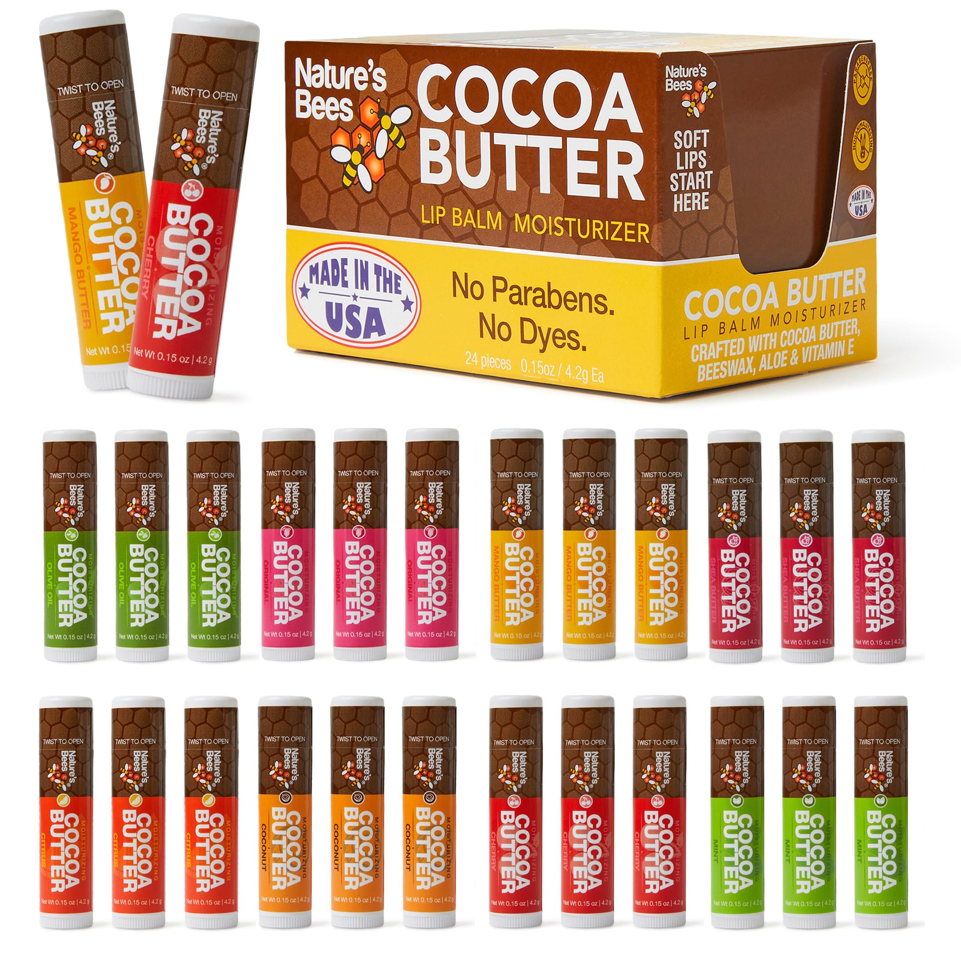 Nature's Bees Lip Balm, Bulk Lip Care Pack for Dry, Cracked Lips, Made in the USA with Natural Ingredients, 0.15 oz Each, 8 Flavors, 24 Pack - Packaging May Vary