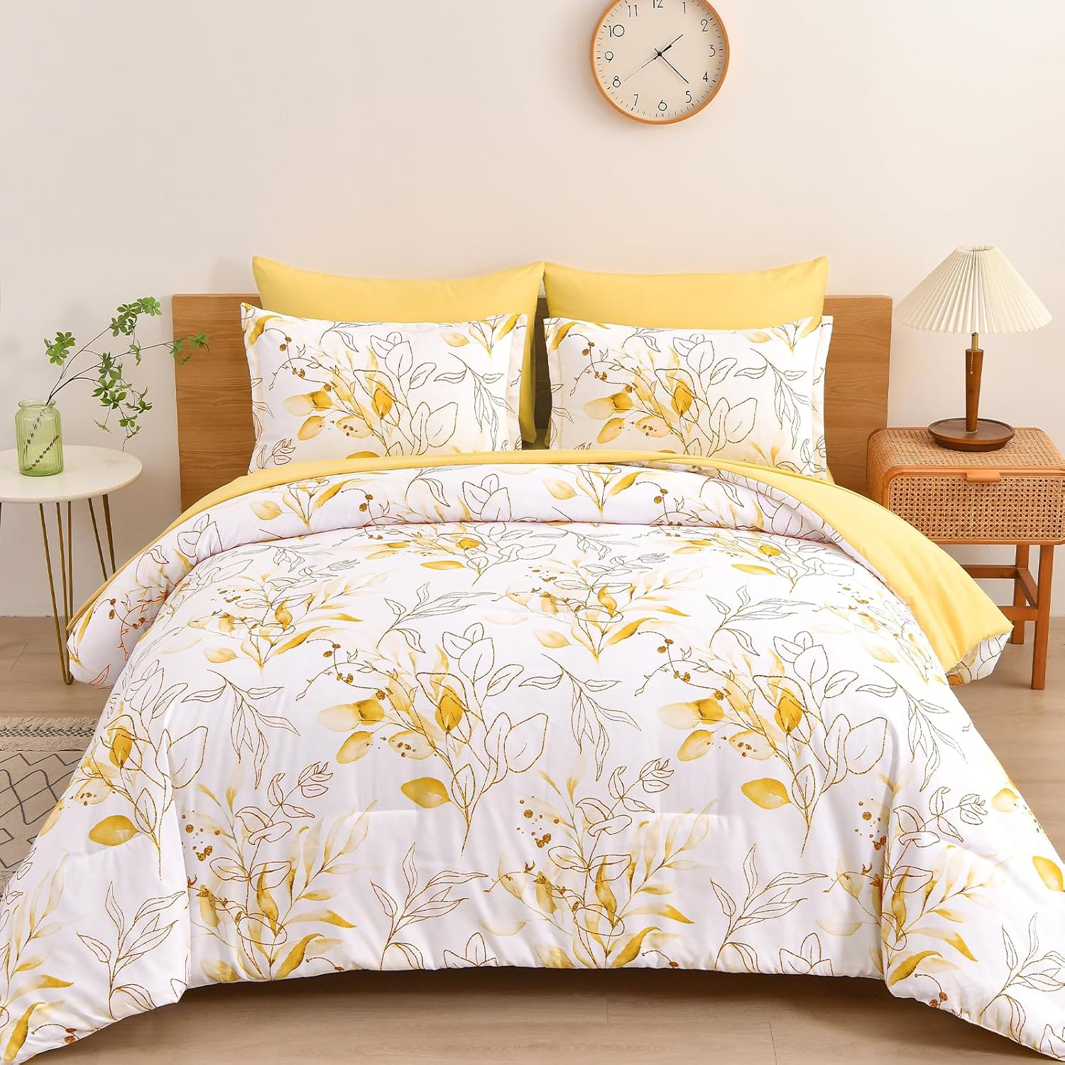 WONGS BEDDING Yellow Botanical Comforter Set Full, 7 Pieces Floral Bed in a Bag Gloden Leaves Bedding Set Soft Microfiber Full(1 Comforter,2 Pillowcase,2 Pillow Shams,1 Flat Sheet,1 Fitted Sheet) Full 78"x90" White-yellow