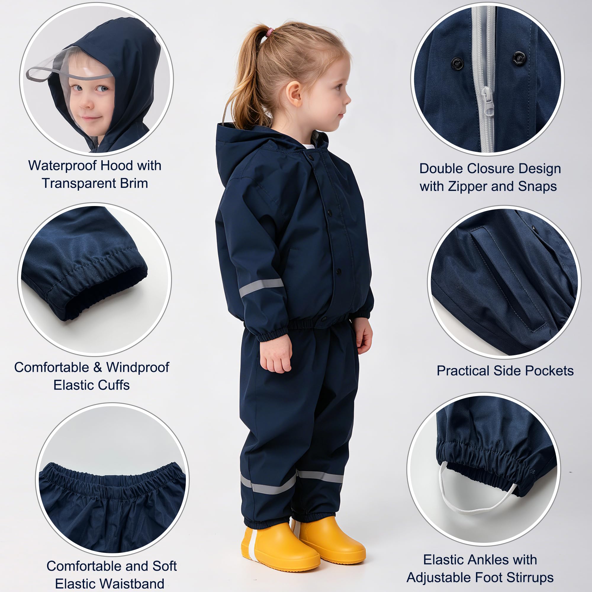 Fewlby Enfant Combinaison Imperméables, Veste de Pluie + Pantalon Imperméable 2PCS Ensembles, Filles Garçons Manteaux Imperméables Pantalon de Pluie Réutilisables Vêtements de Pluie