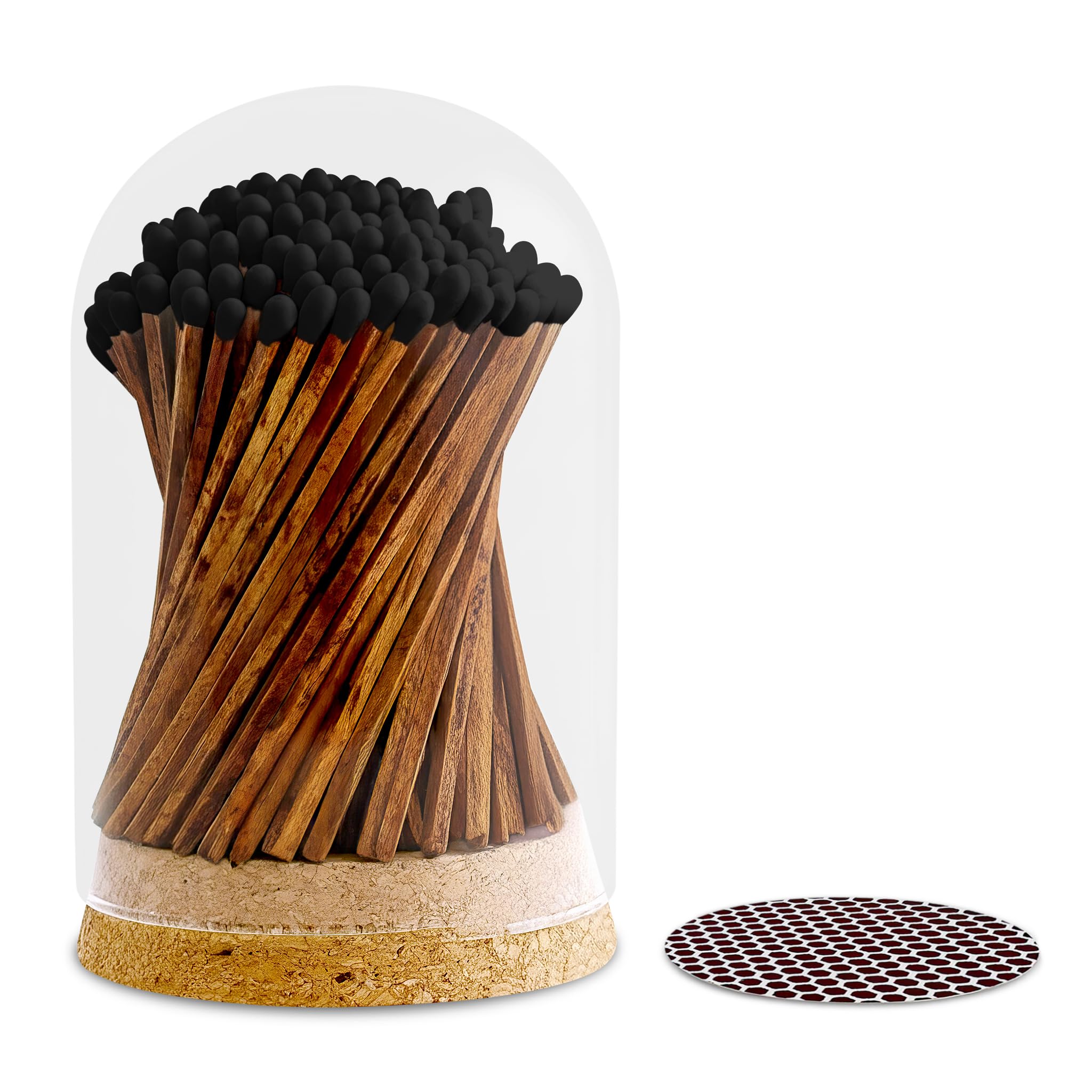 Decorative Matches Large Dome Glass Jar | 4" Espresso Long Matches (150 Matchsticks) + Cork Top Glass Holder + Striker Stickers | Gifts, Décor &amp; Candle Accessories | by Thankful Greetings