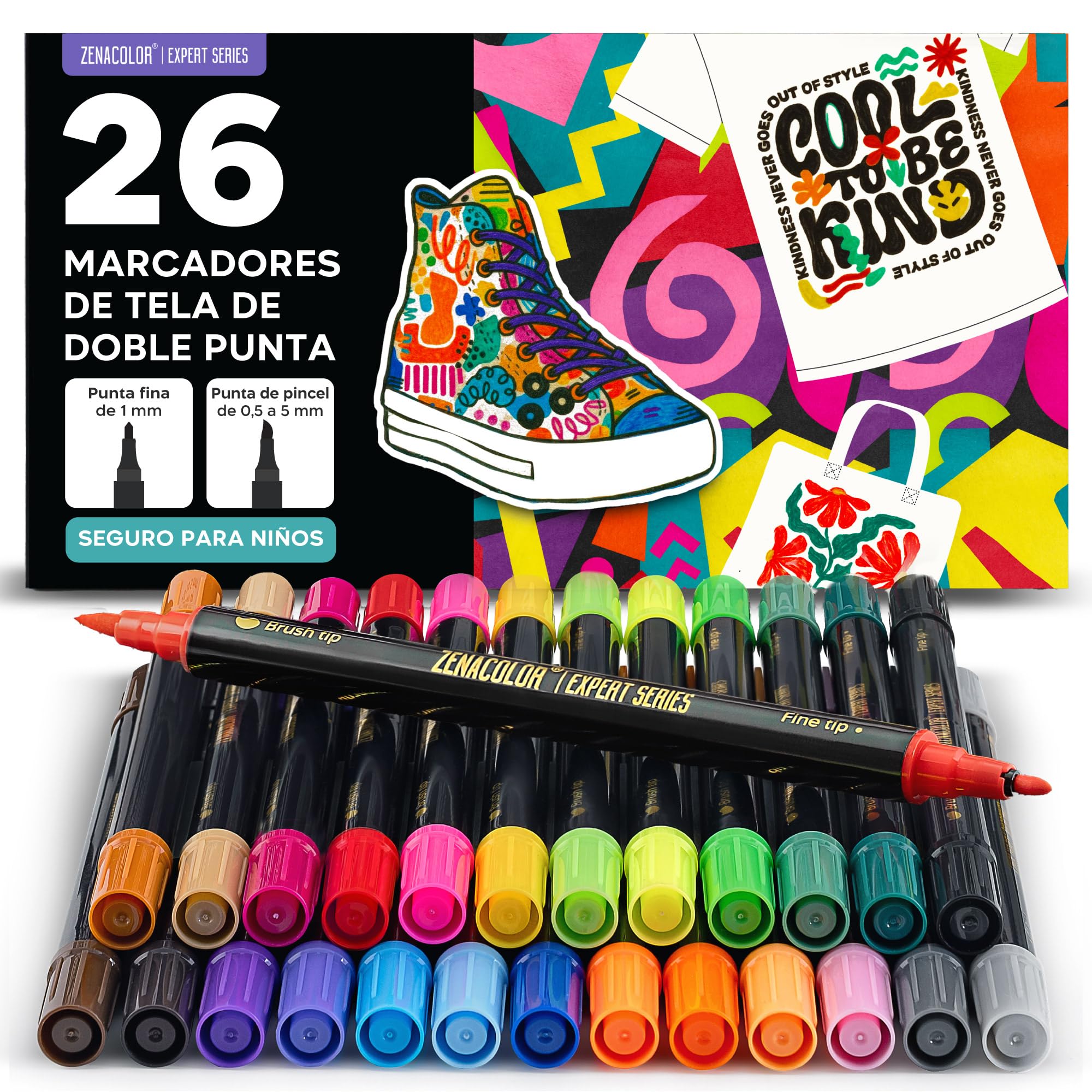 Zenacolor 26 Double Ended Permanent Textile Marker – Permanent and Washable Textile Paint, Fabric Markers – Paint for Fabric, Clothes, Bags and Shoes